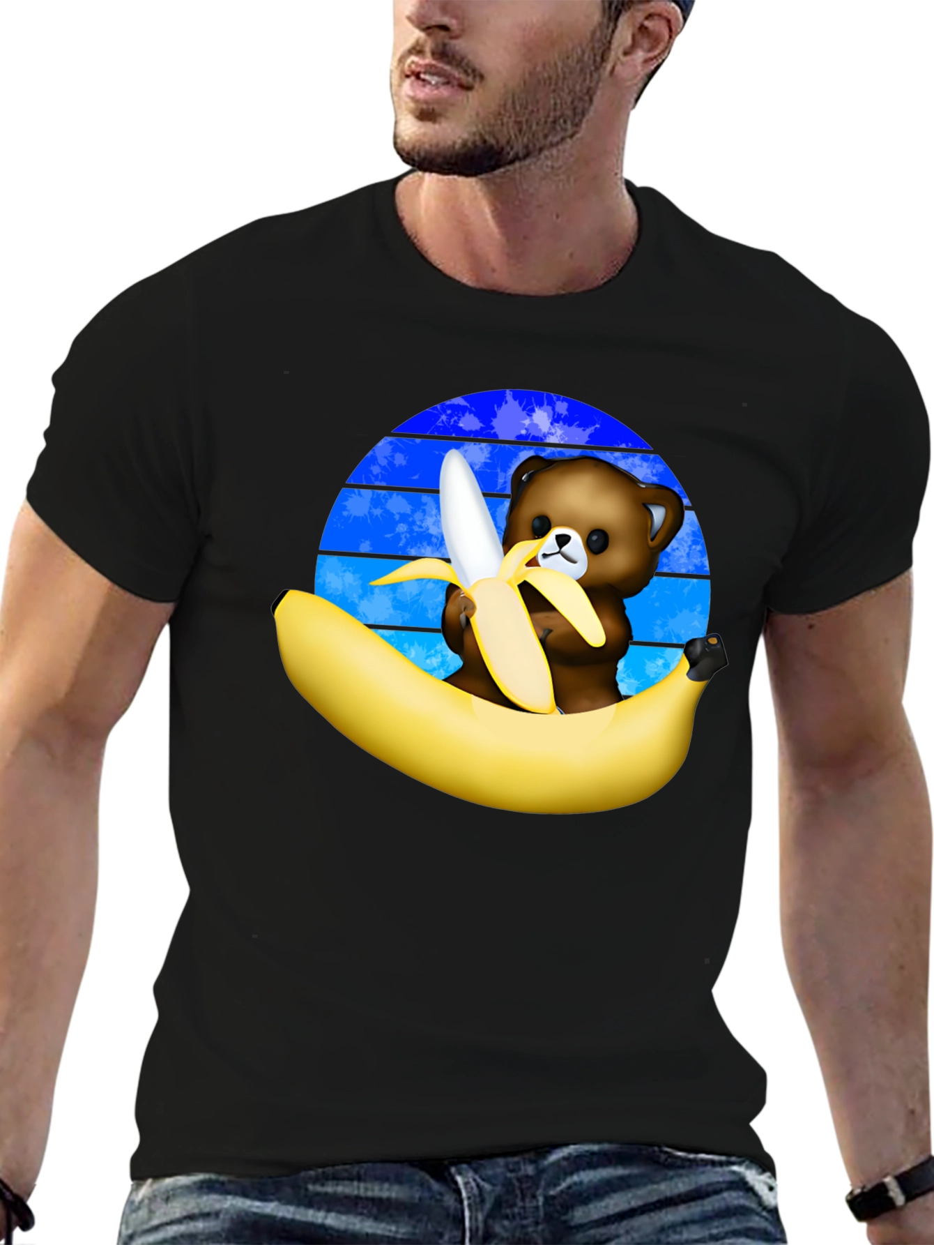 Black Funny Bear Eating Banana Graphic T-Shirt view 6