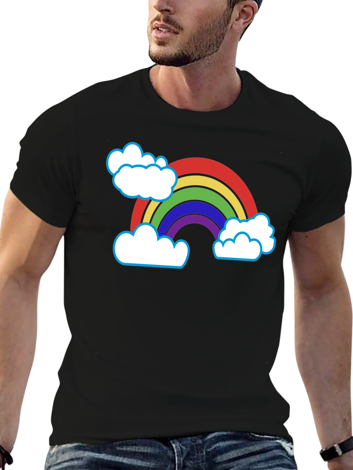 Black Rainbow & Clouds Graphic T-Shirt - Black Cotton Blend view 6