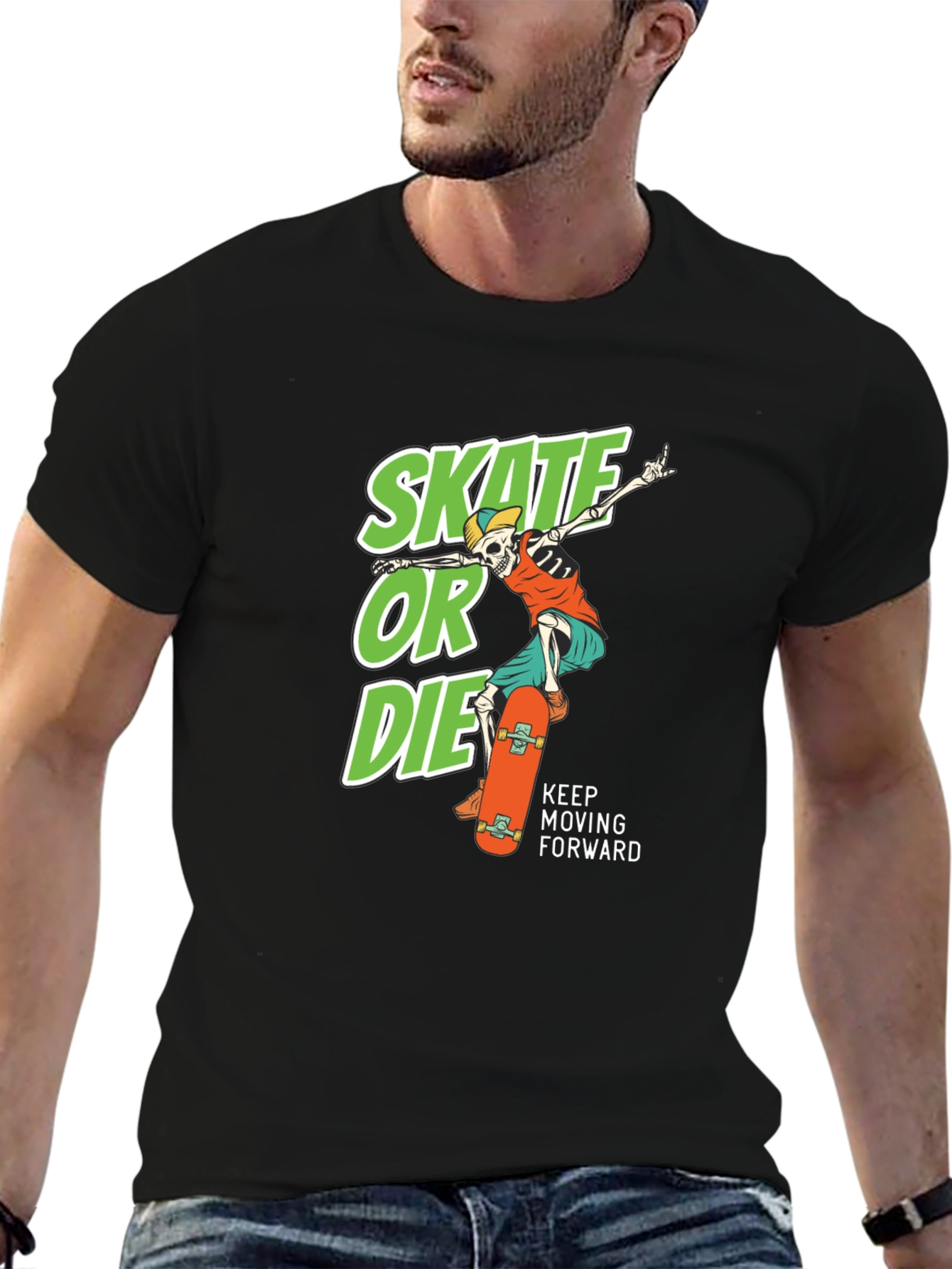 Black Skate or Die Graphic Tee - Cool Skateboarder Skeleton T-Shirt view 6