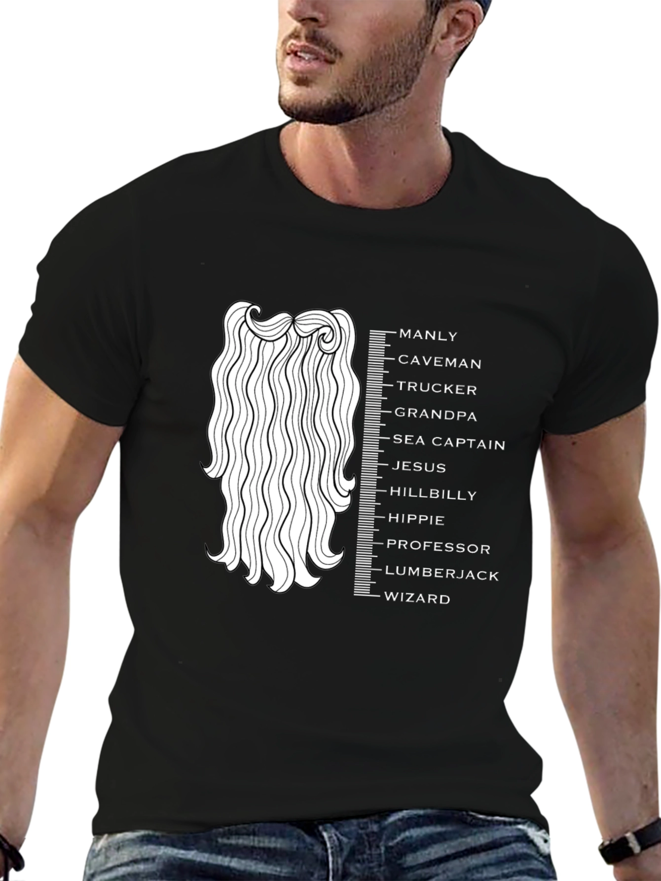 Black Funny Beard Length Scale Men's Graphic T-Shirt view 6