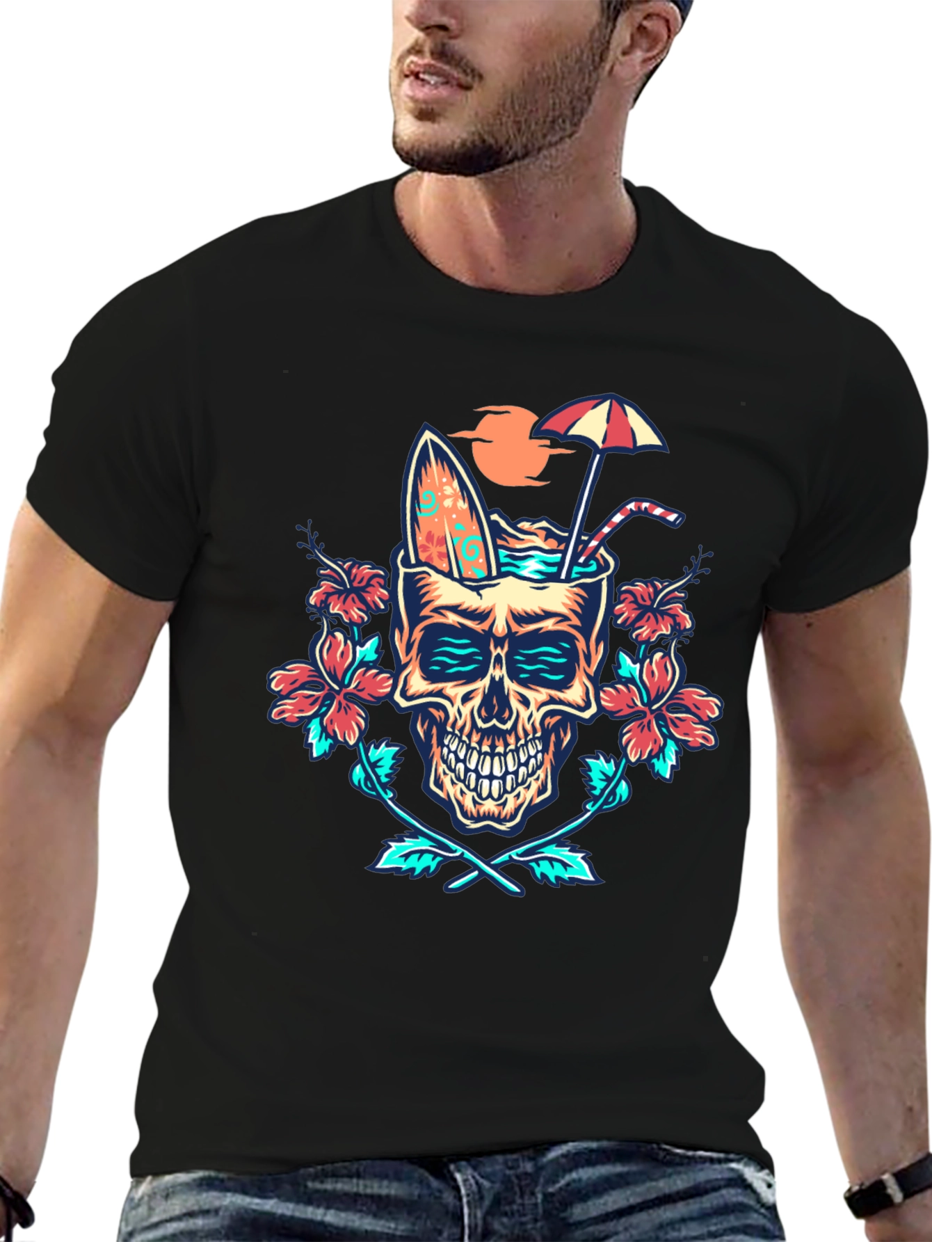 Black Tropical Skull Graphic T-Shirt - Beach Vibes! view 6
