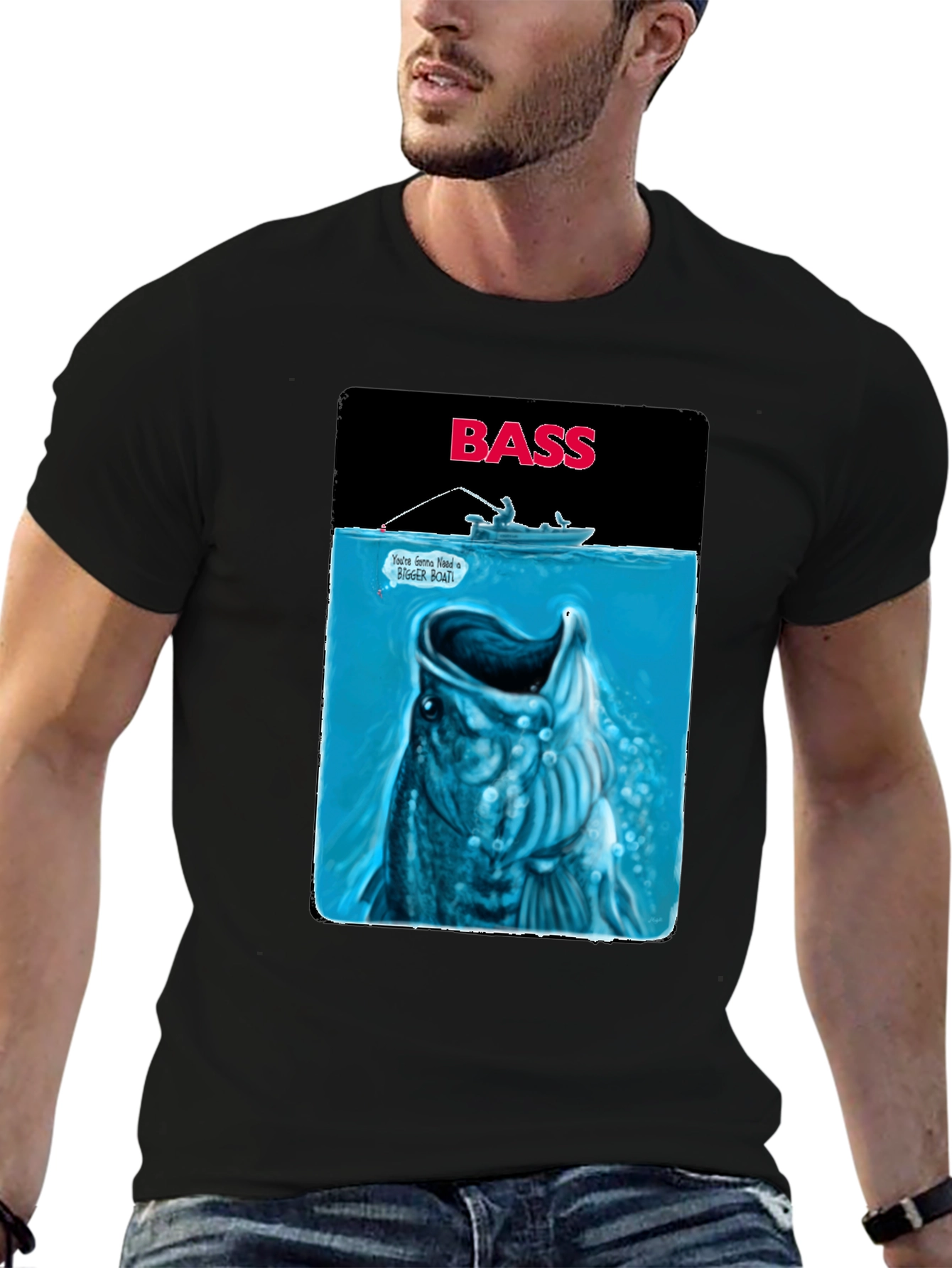 Black Bass Fishing Graphic T-Shirt - Jaws Parody view 6