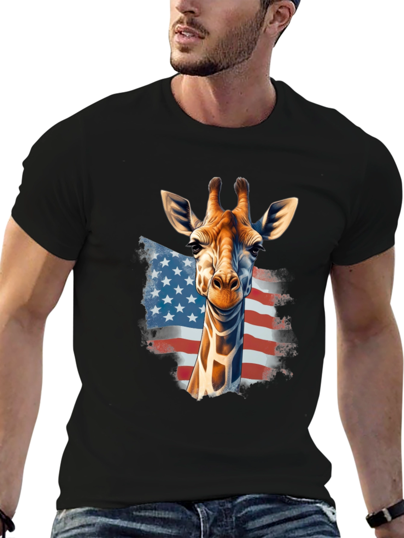 Black Giraffe USA Flag Graphic T-Shirt view 6