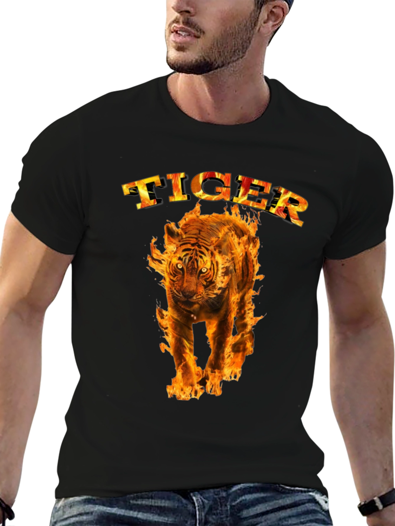 Black Fiery Tiger Graphic Tee - Bold Black T-Shirt view 6