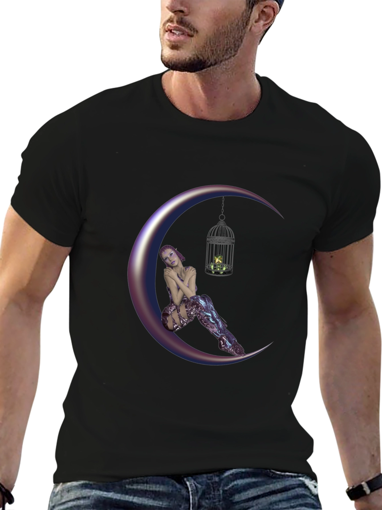 Black Fantasy Moon Fairy T-Shirt - Unique Design view 6