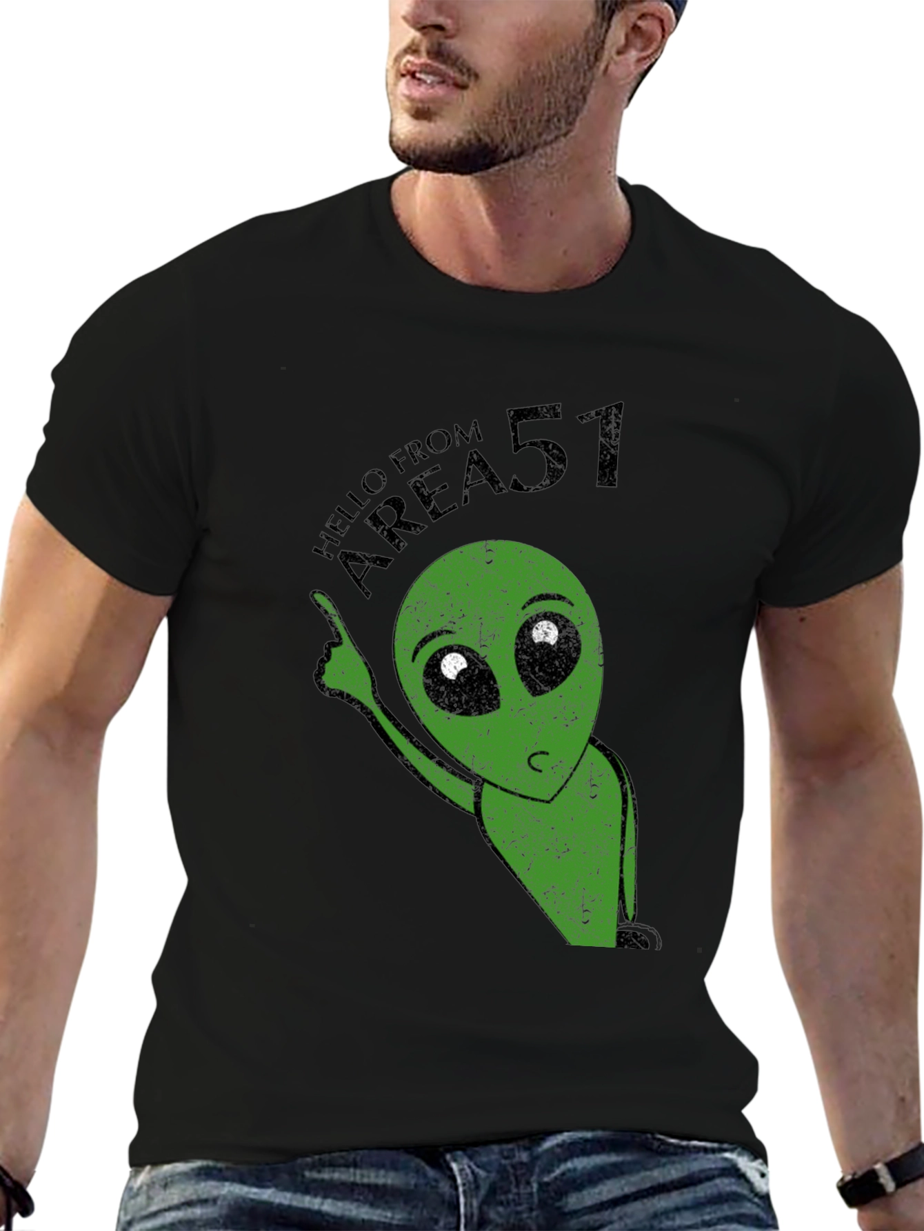 Black Area 51 Alien Graphic Print Black T-Shirt view 6
