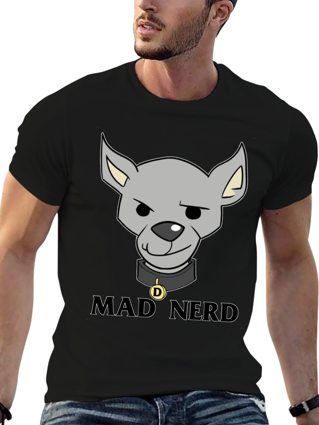 Black Mad Nerd Dog T-Shirt, Funny Geek Tee view 6