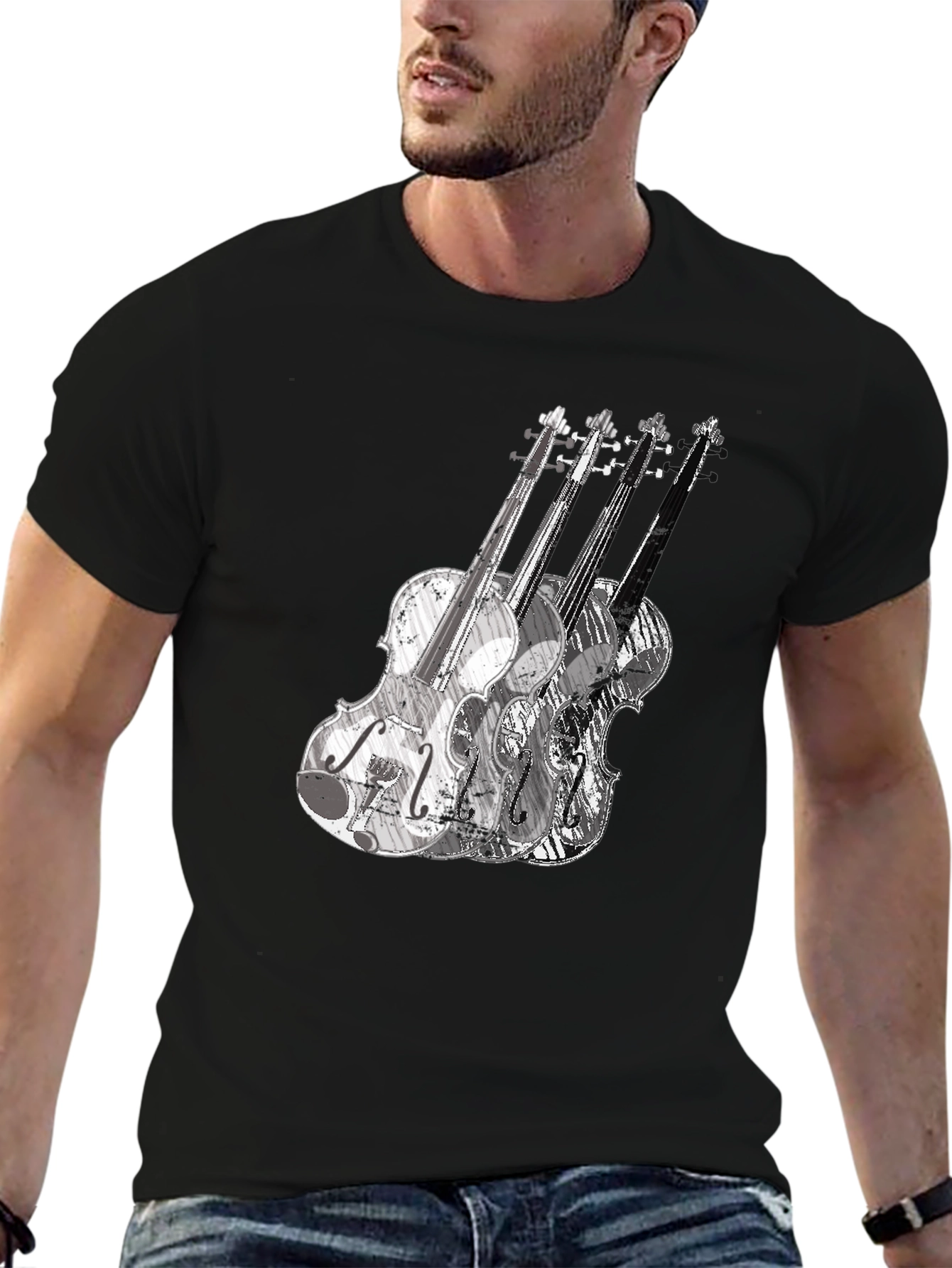 Black Musical Violin Graphic Tee - Black Crew Neck T-Shirt view 6