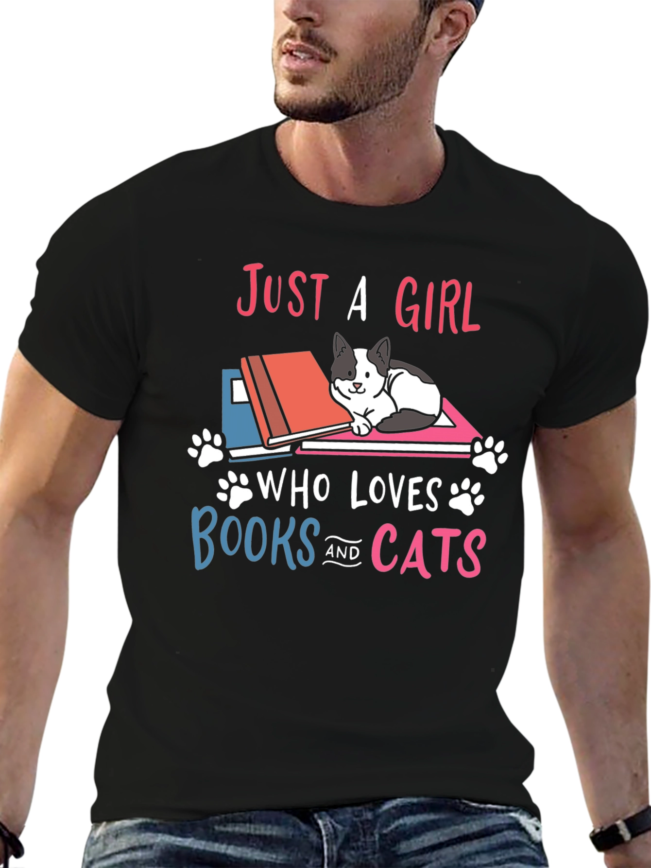 Black Just A Girl Who Loves Books and Cats T-Shirt view 6