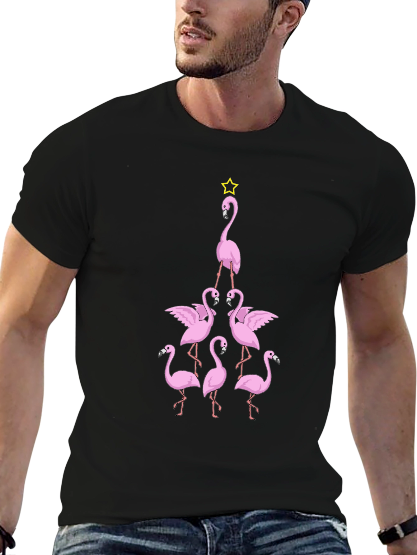 Black Flamingo Christmas Tree Graphic T-Shirt view 6