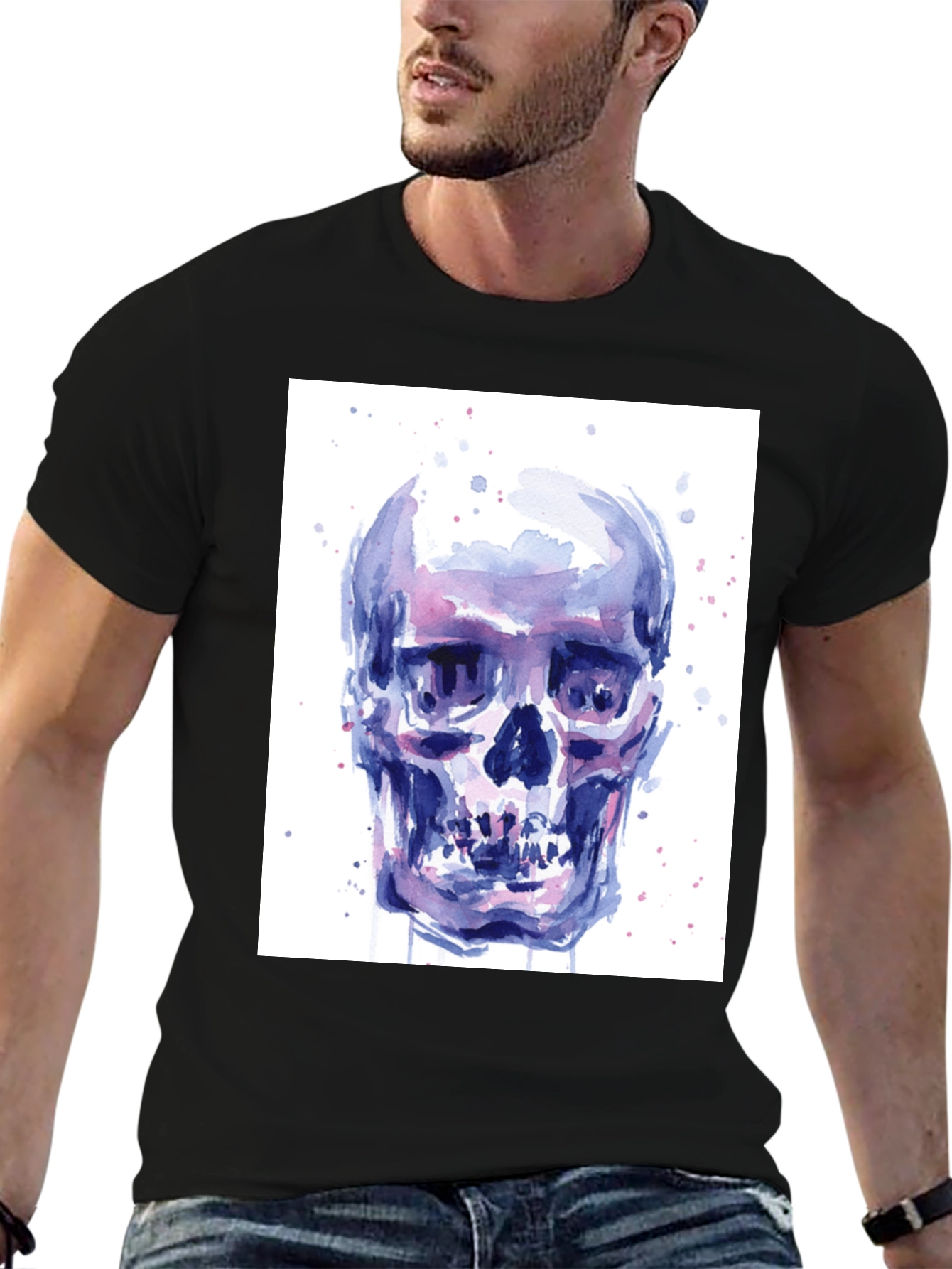 Black Watercolor Skull Graphic Tee - Artistic Print view 6