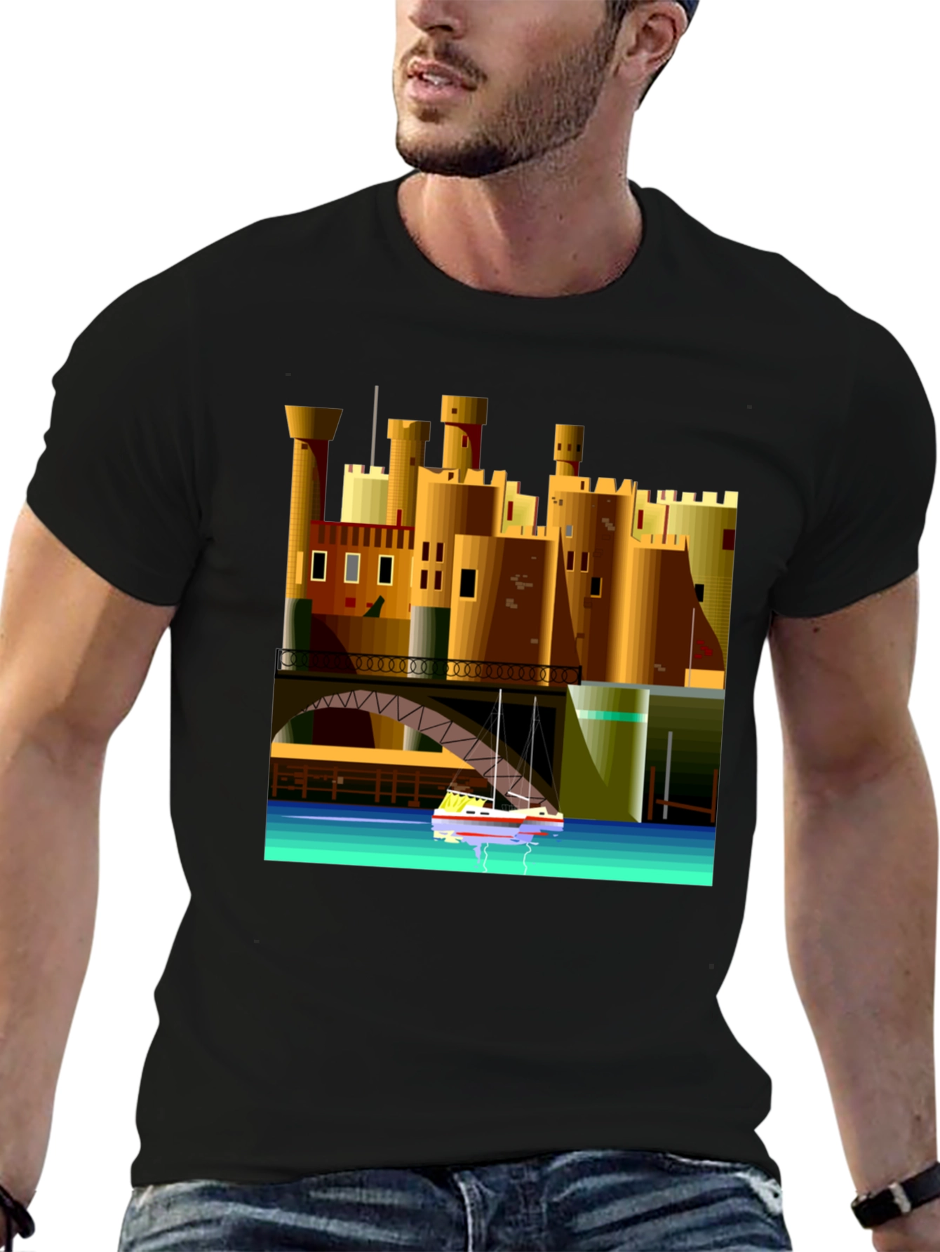 Black Cityscape Boat T-Shirt - Unique Graphic Tee view 6