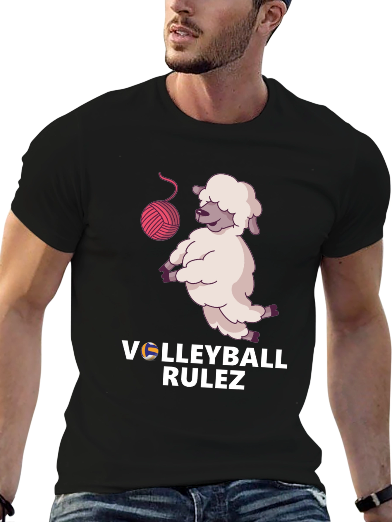Black Volleyball Rulez! Sheep T-Shirt view 6