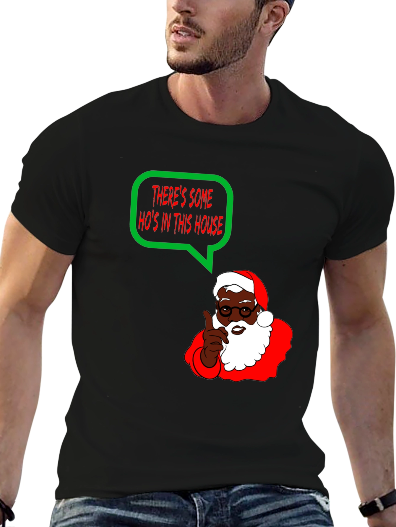 Black Funny Holiday T-Shirt - "There's Some Ho's In This House" Black Santa view 6