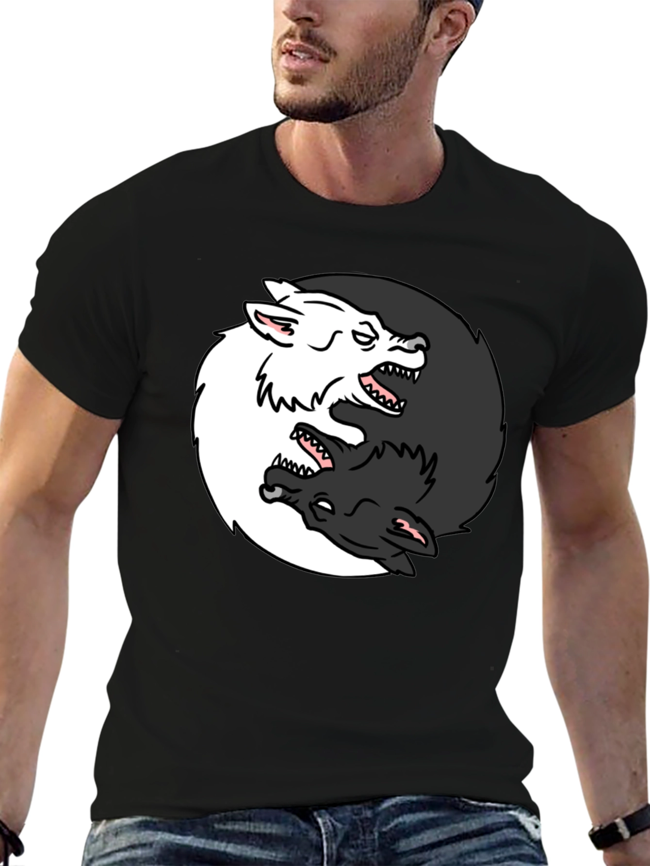 Black Yin Yang Wolves Graphic Black T-Shirt view 6
