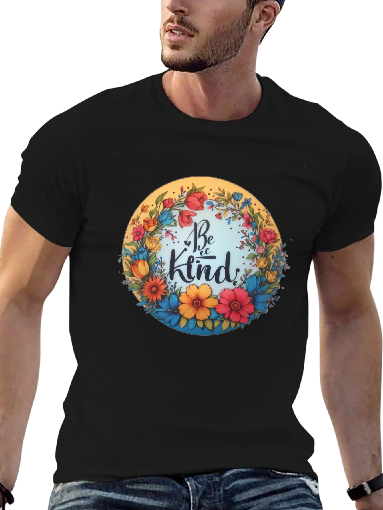 Black Be Kind Floral Wreath Graphic Tee - Black view 6
