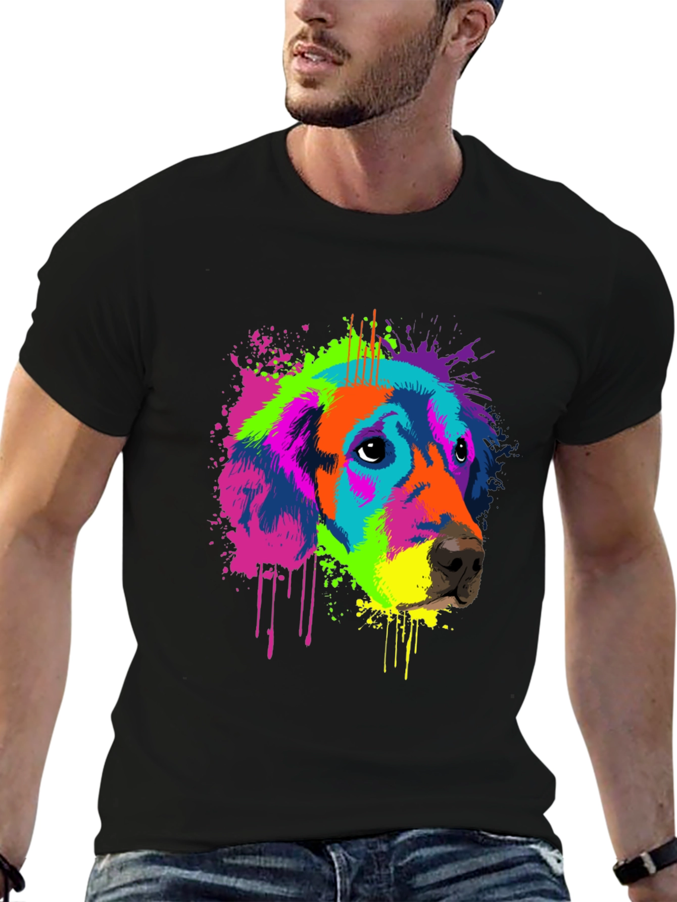 Black Vibrant Dog Graphic Tee - Men's Black T-Shirt view 6
