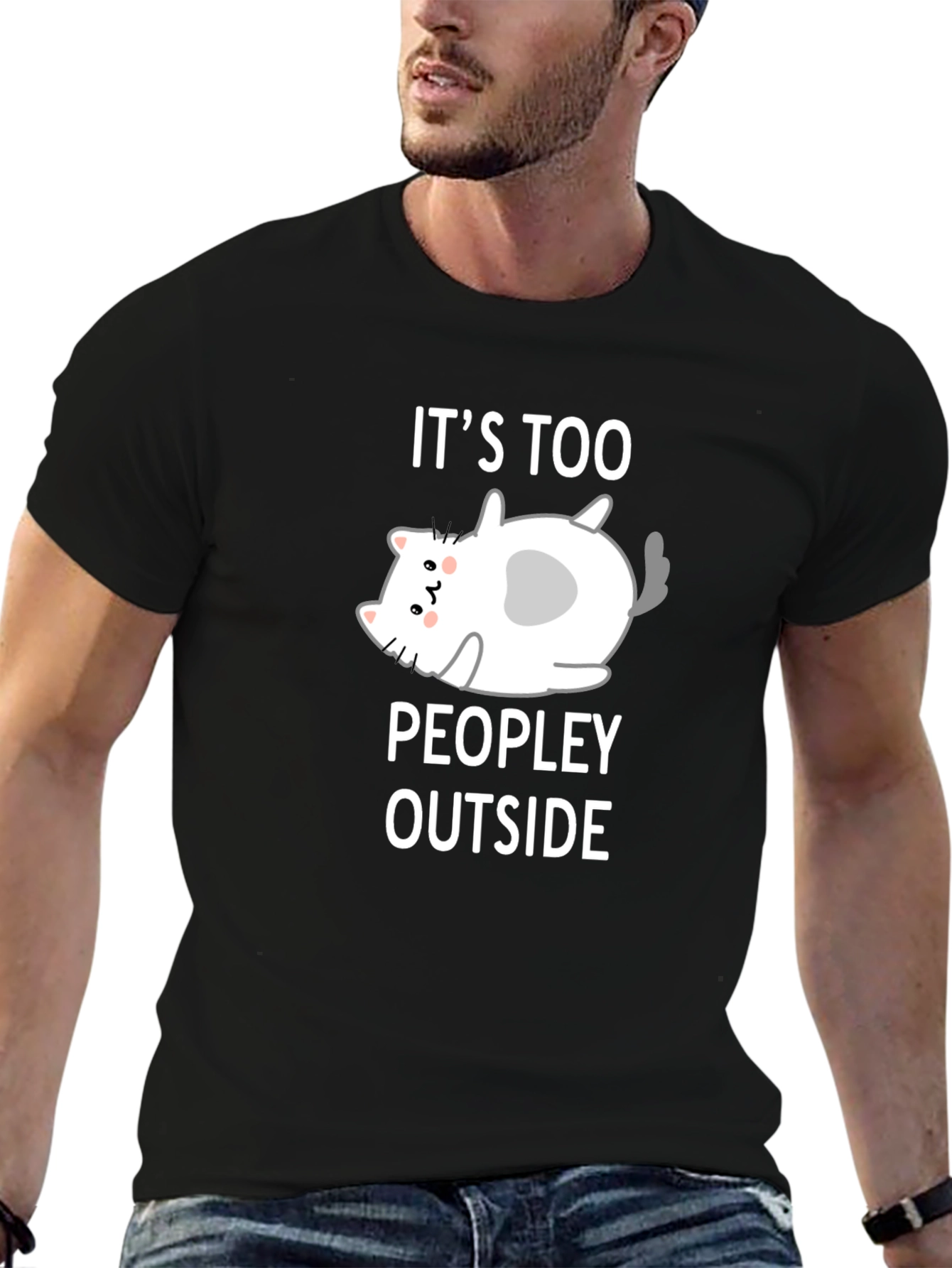 Black Funny Cat Lover T-Shirt - It's Too Peopley Outside view 6