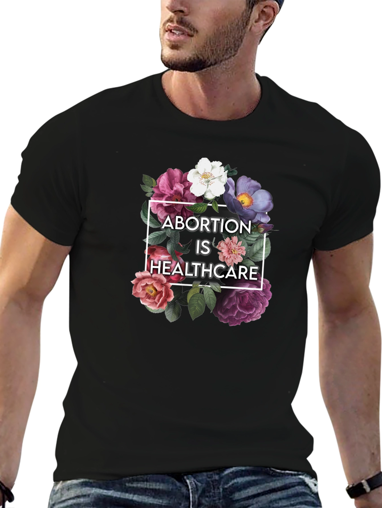 Black Floral Abortion is Healthcare Black T-Shirt view 6