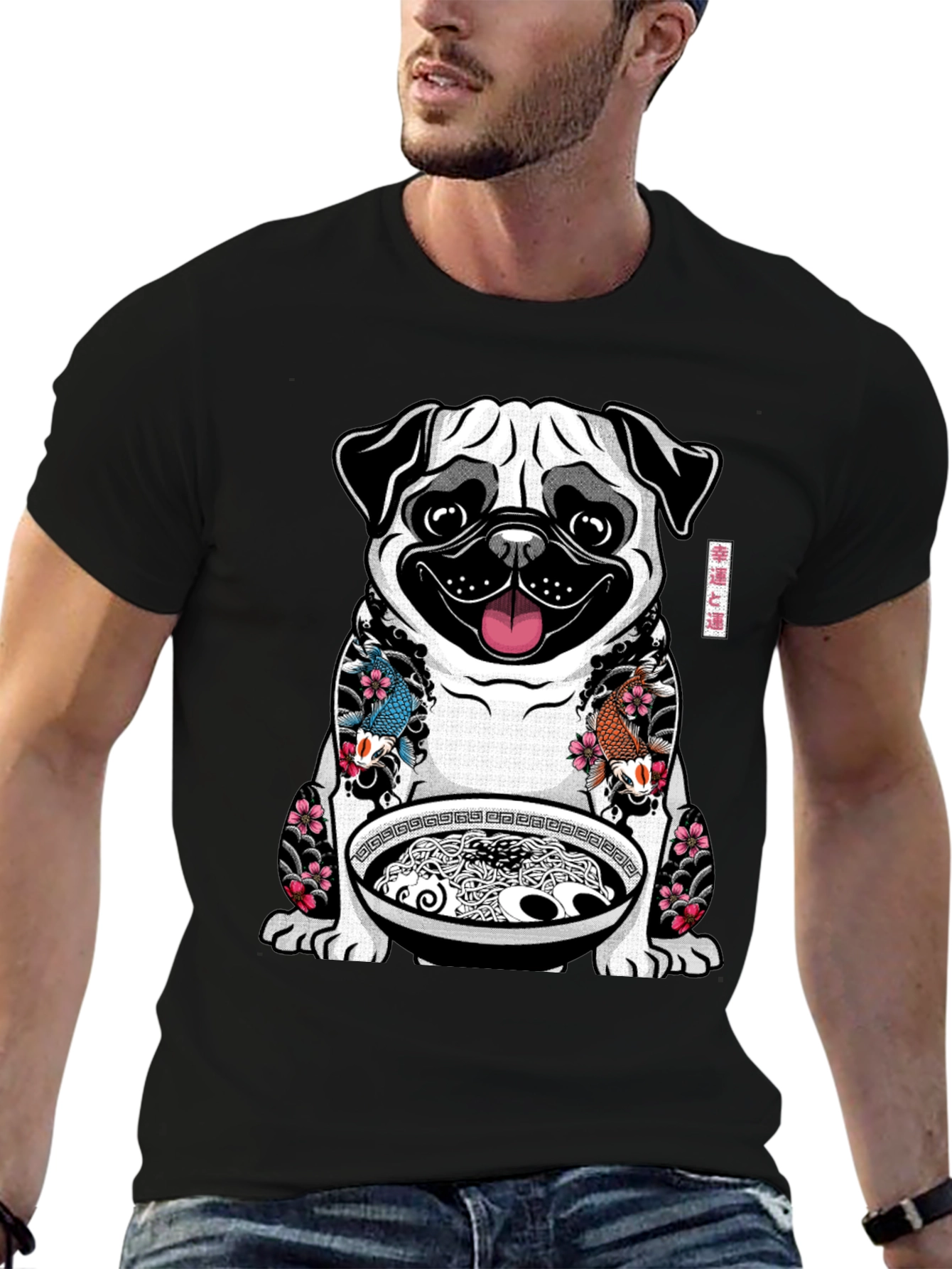 Black Ramen Pug Graphic T-Shirt - Unique Design view 6