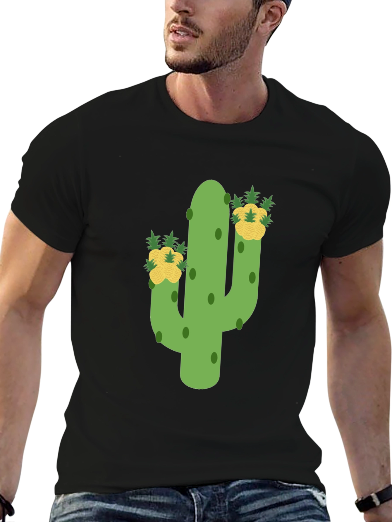 Black Cactus & Pineapple Tee - Whimsical Graphic Print view 6