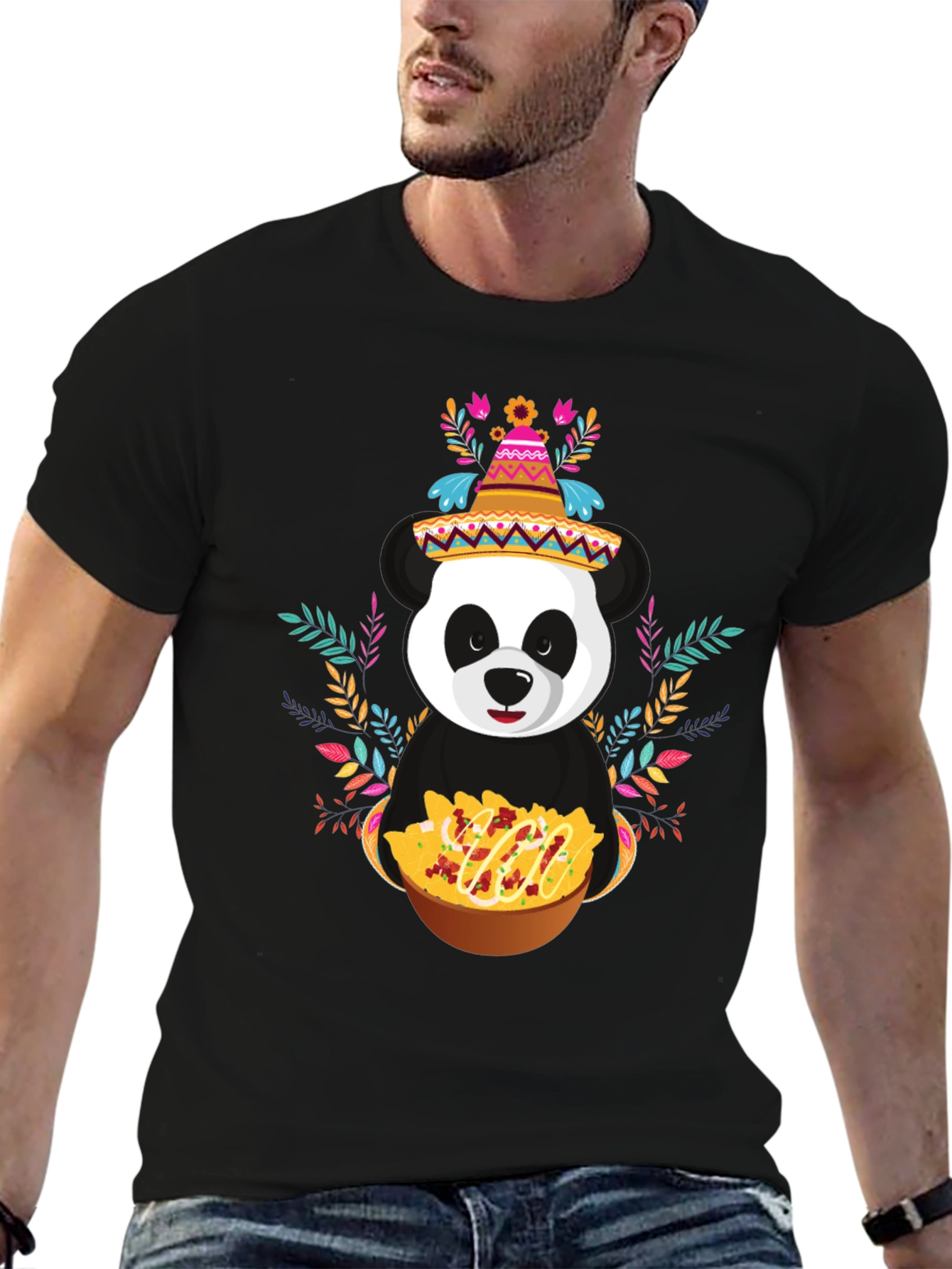 Black Panda Fiesta T-Shirt - Nachos, Sombrero, Colorful view 6