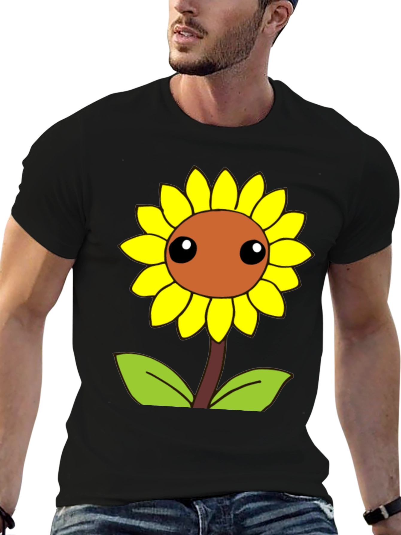 Black Cute Cartoon Sunflower Graphic Black T-Shirt view 6