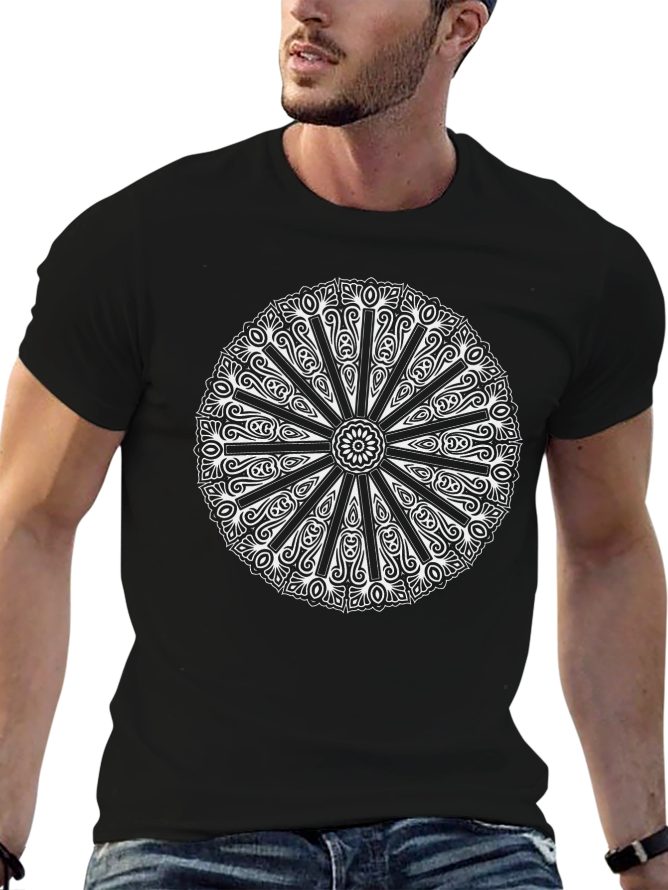 Black Black Mandala Print Crew Neck T-Shirt view 6