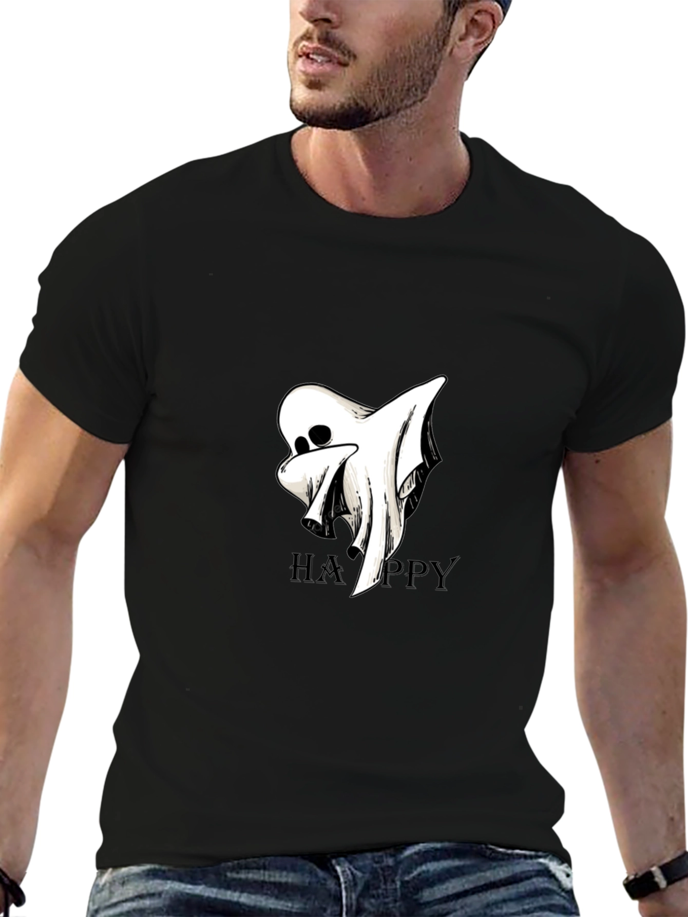 Black Spooky Ghost Happy Graphic Black T-Shirt view 6