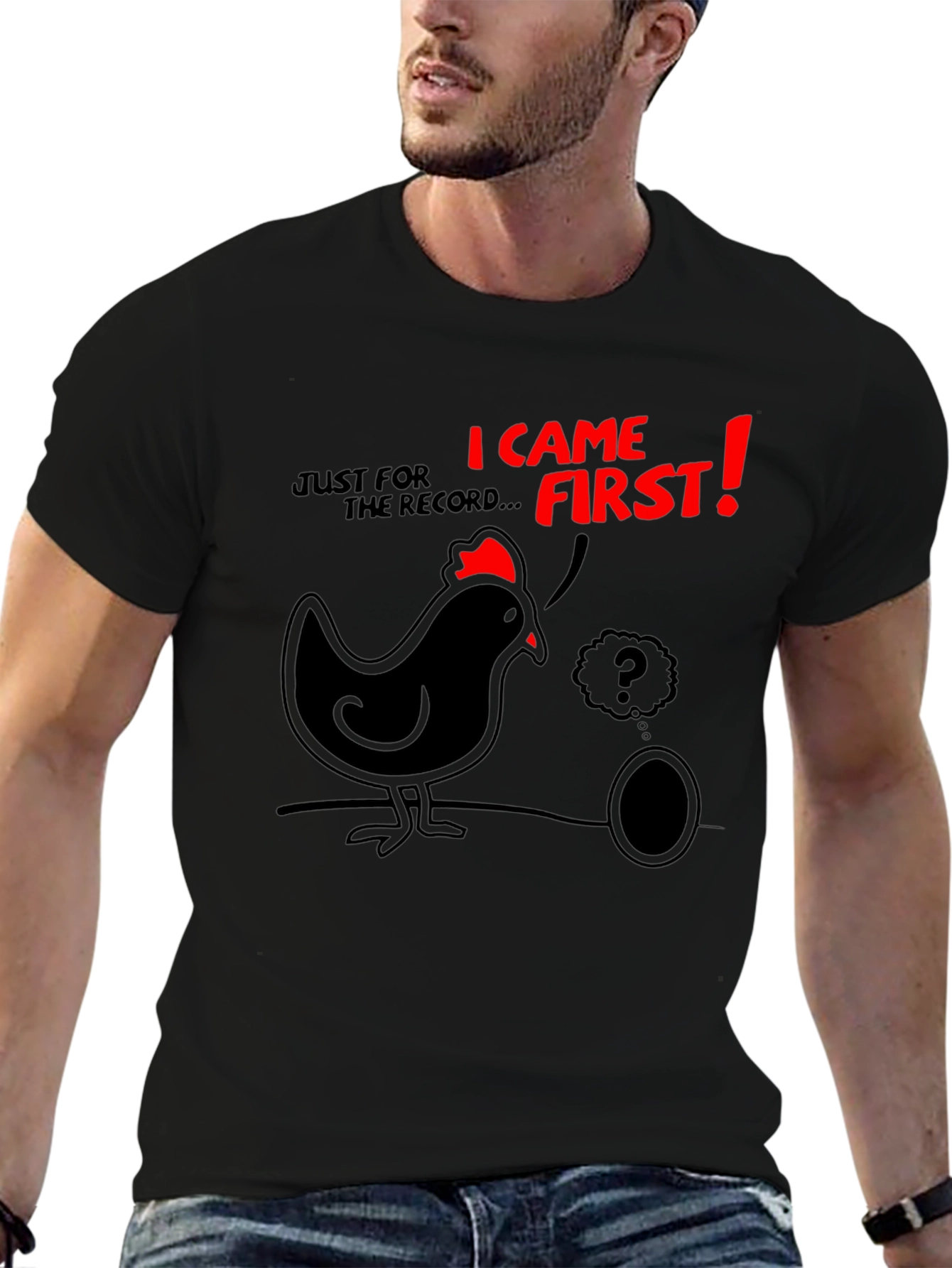 Black Funny Chicken & Egg T-Shirt - Who Came First? view 6