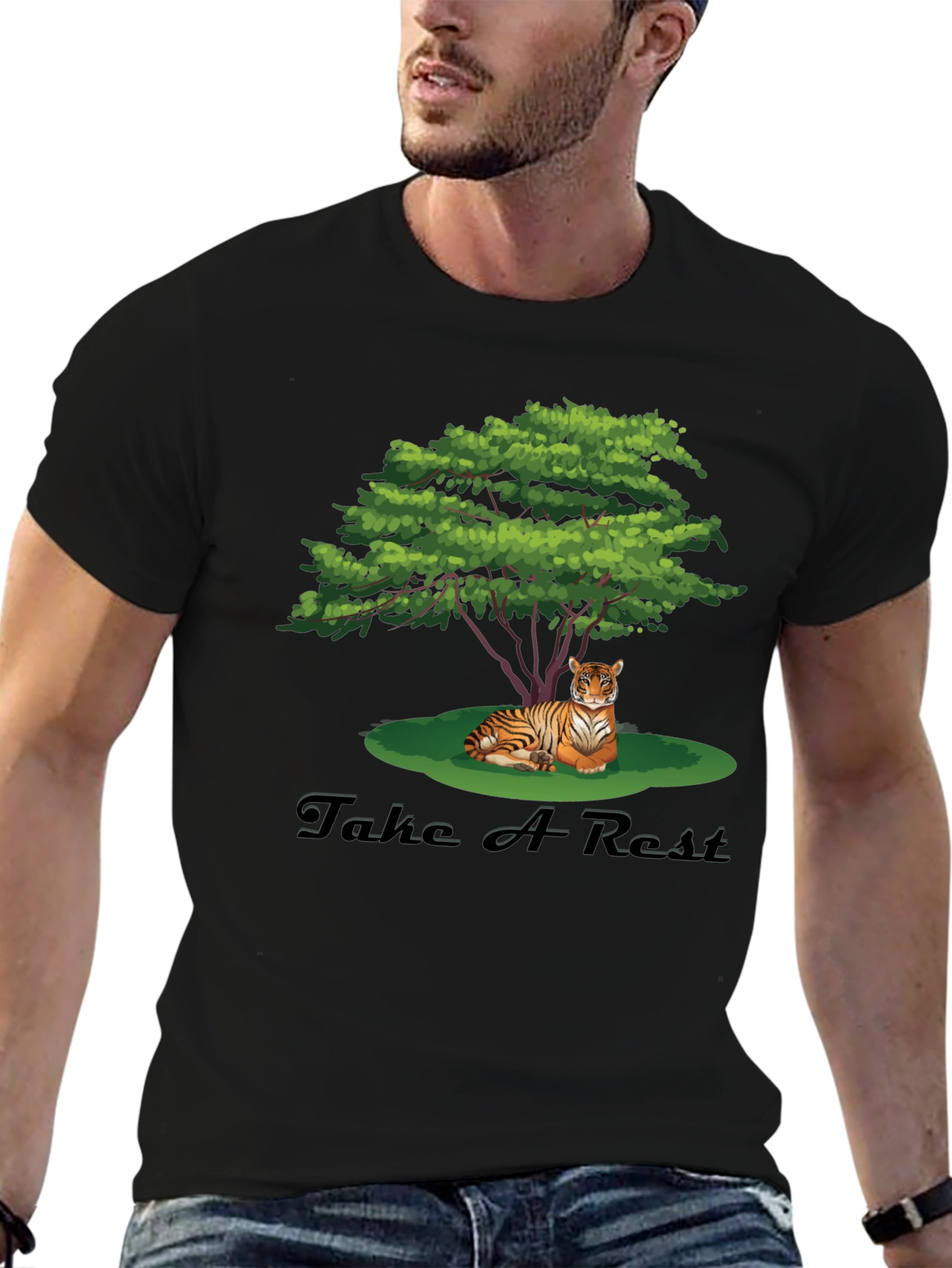 Black Men's Black Tiger Resting Under Tree Graphic Tee view 6