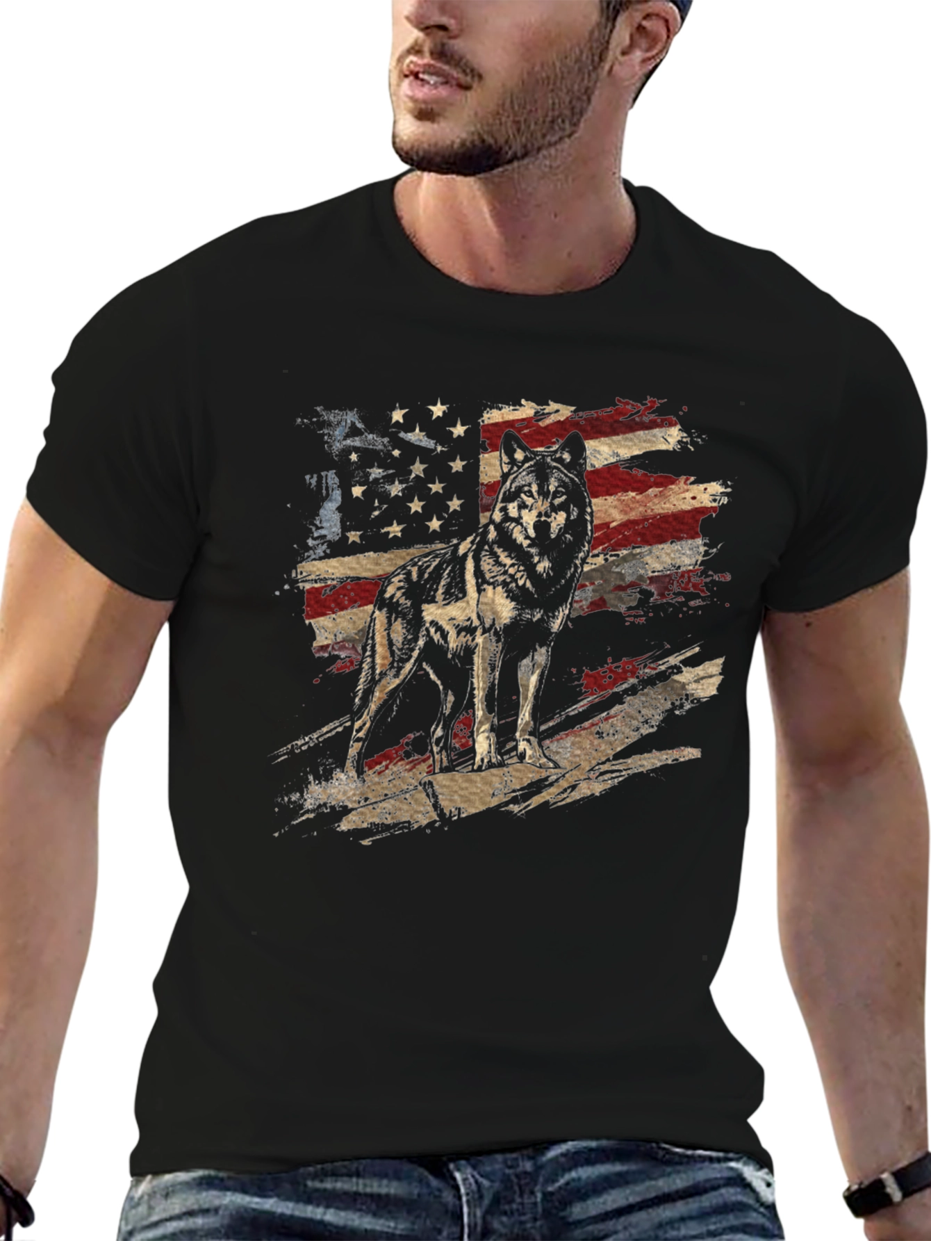 Black Wolf American Flag Graphic Tee - Patriotic Style view 6