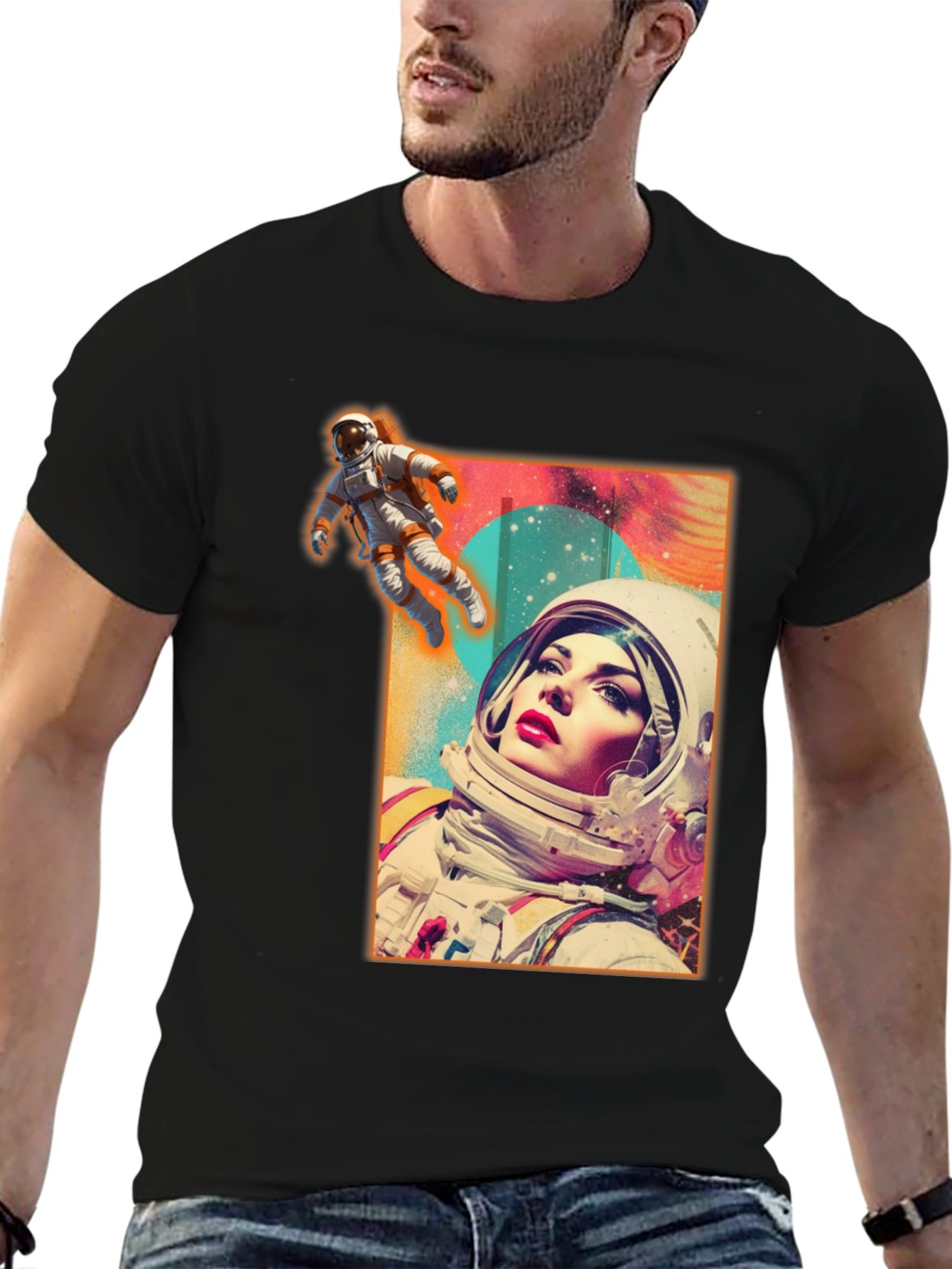 Black Astronaut Woman Graphic Tee - Stylish Space Design view 6