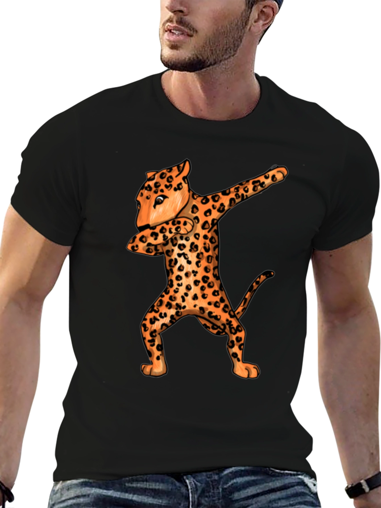 Black Dabbing Leopard Graphic Tee - Black Crew Neck view 6