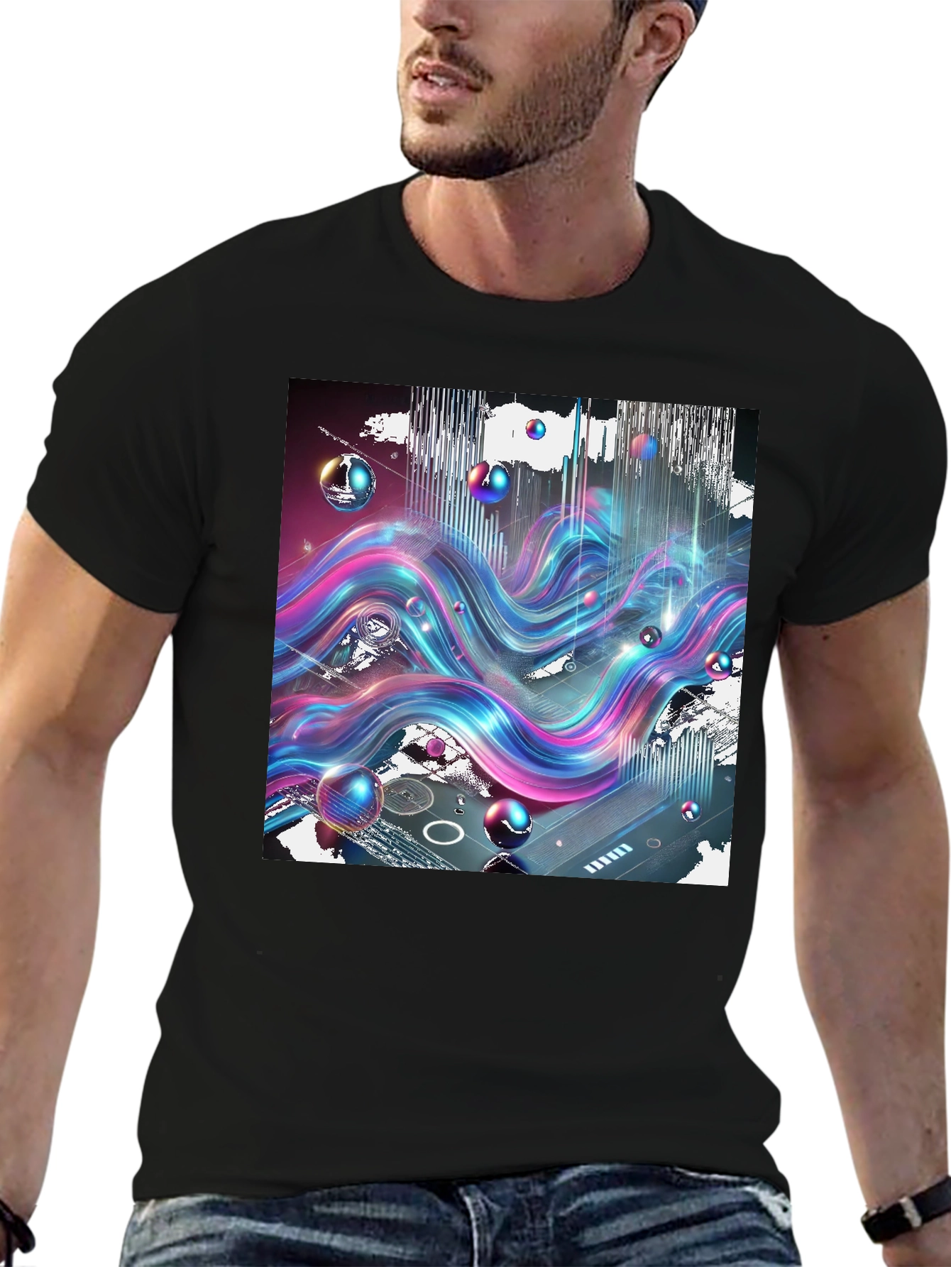 Black Vibrant Wave T-Shirt: Abstract Art Print view 6
