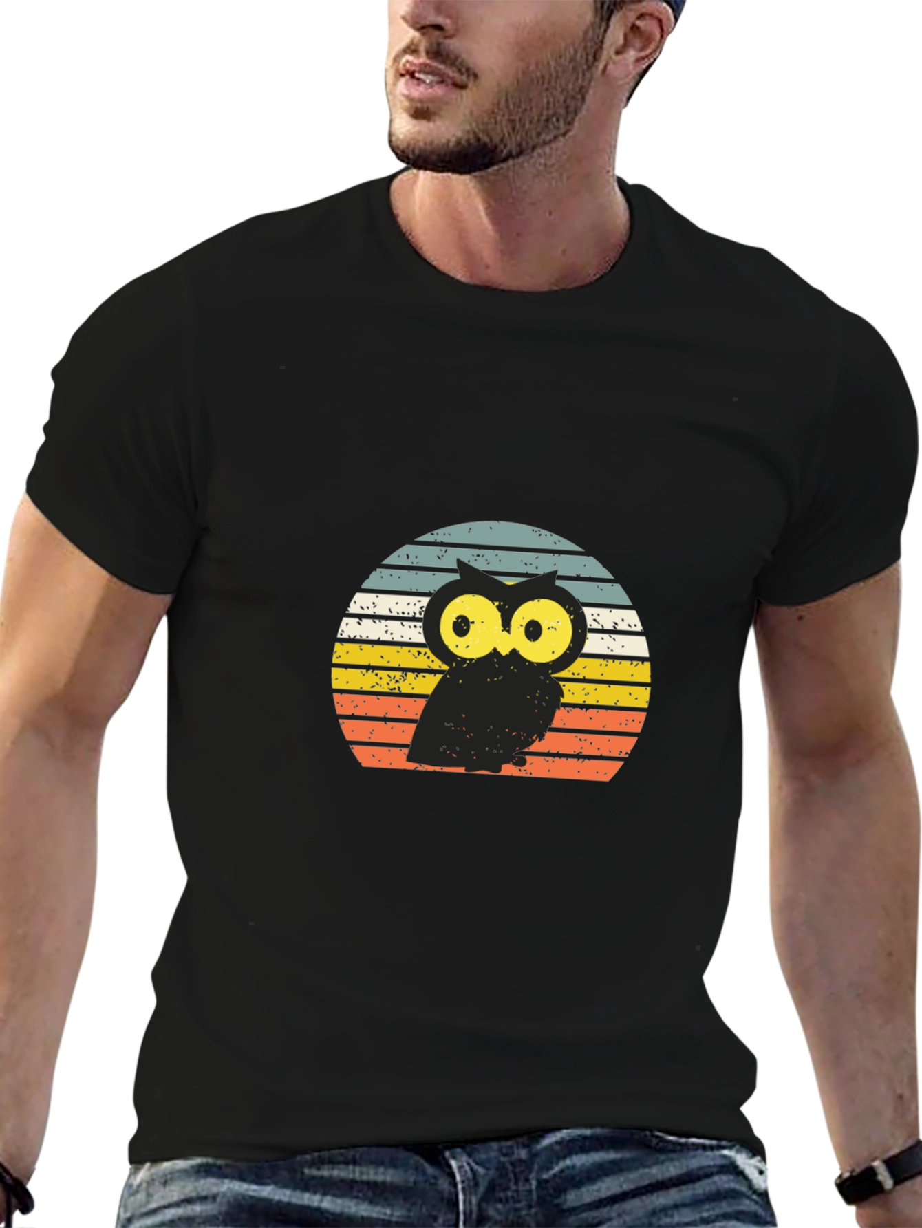 Black Retro Owl T-Shirt - Vintage Sunset Design view 6