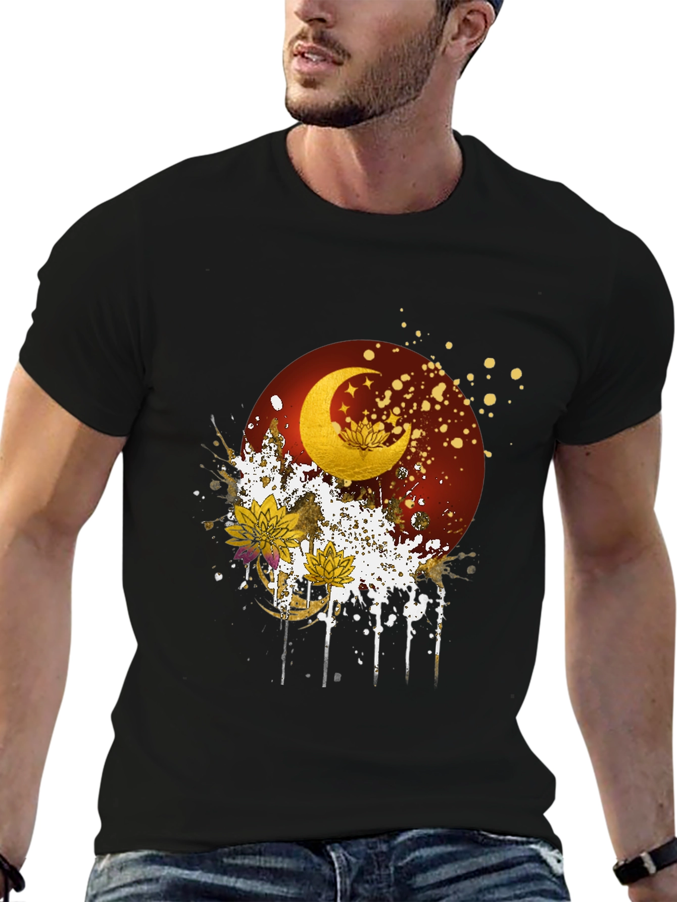 Black Celestial Moon & Lotus Graphic Tee view 6
