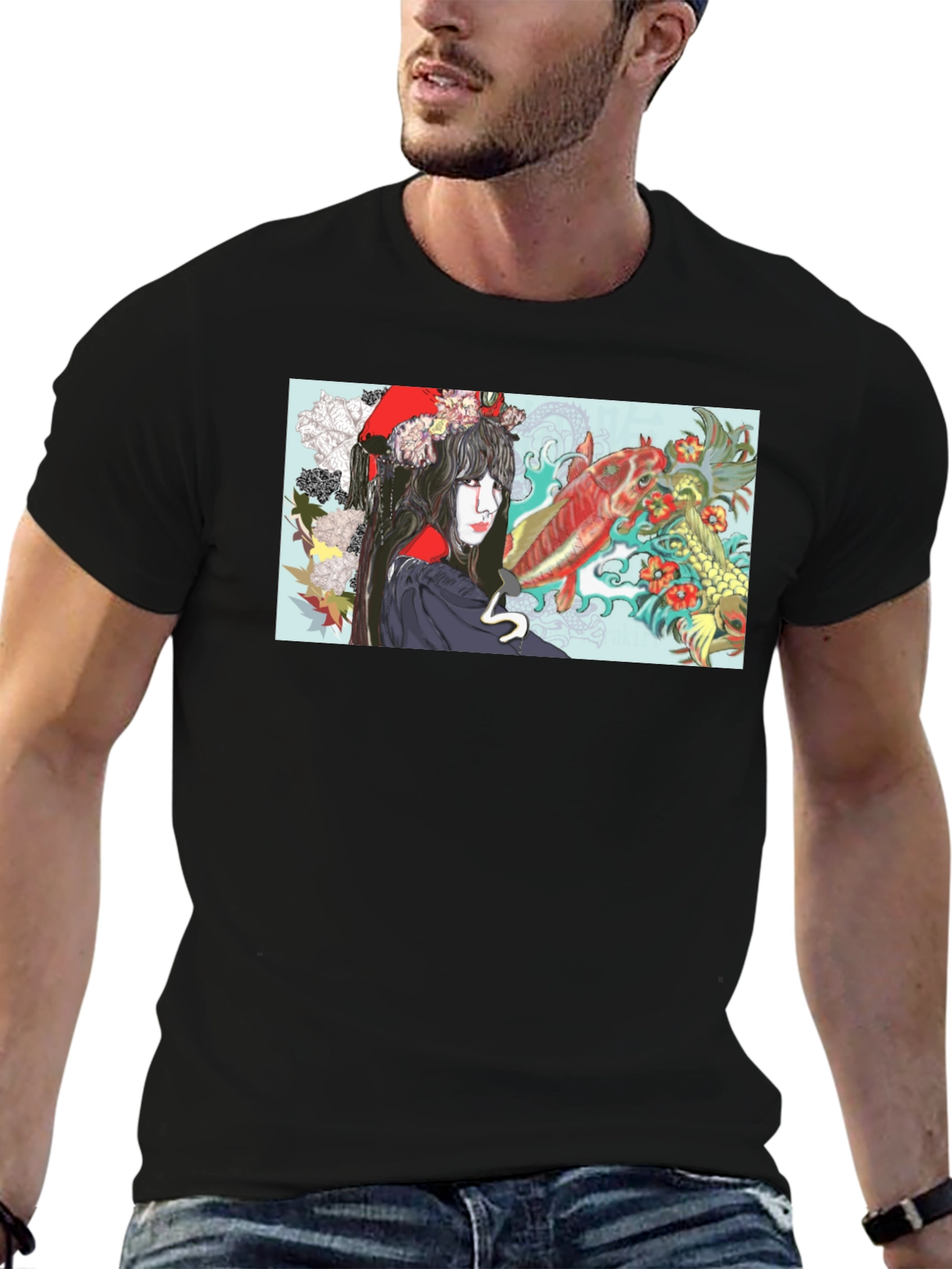 Black Koi Fish Geisha Graphic T-Shirt view 6