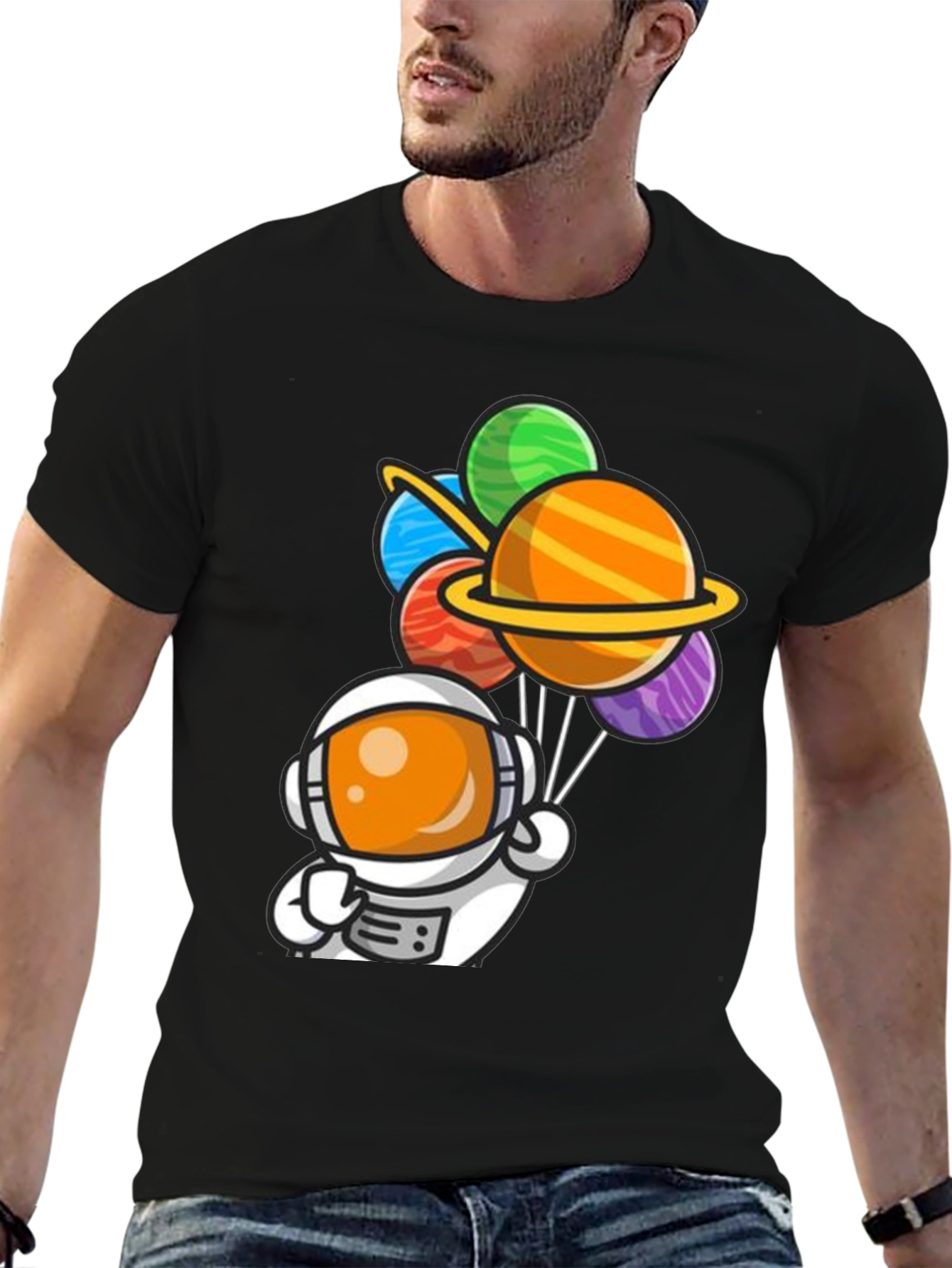 Black Astronaut Planet Balloons Graphic Tee view 6