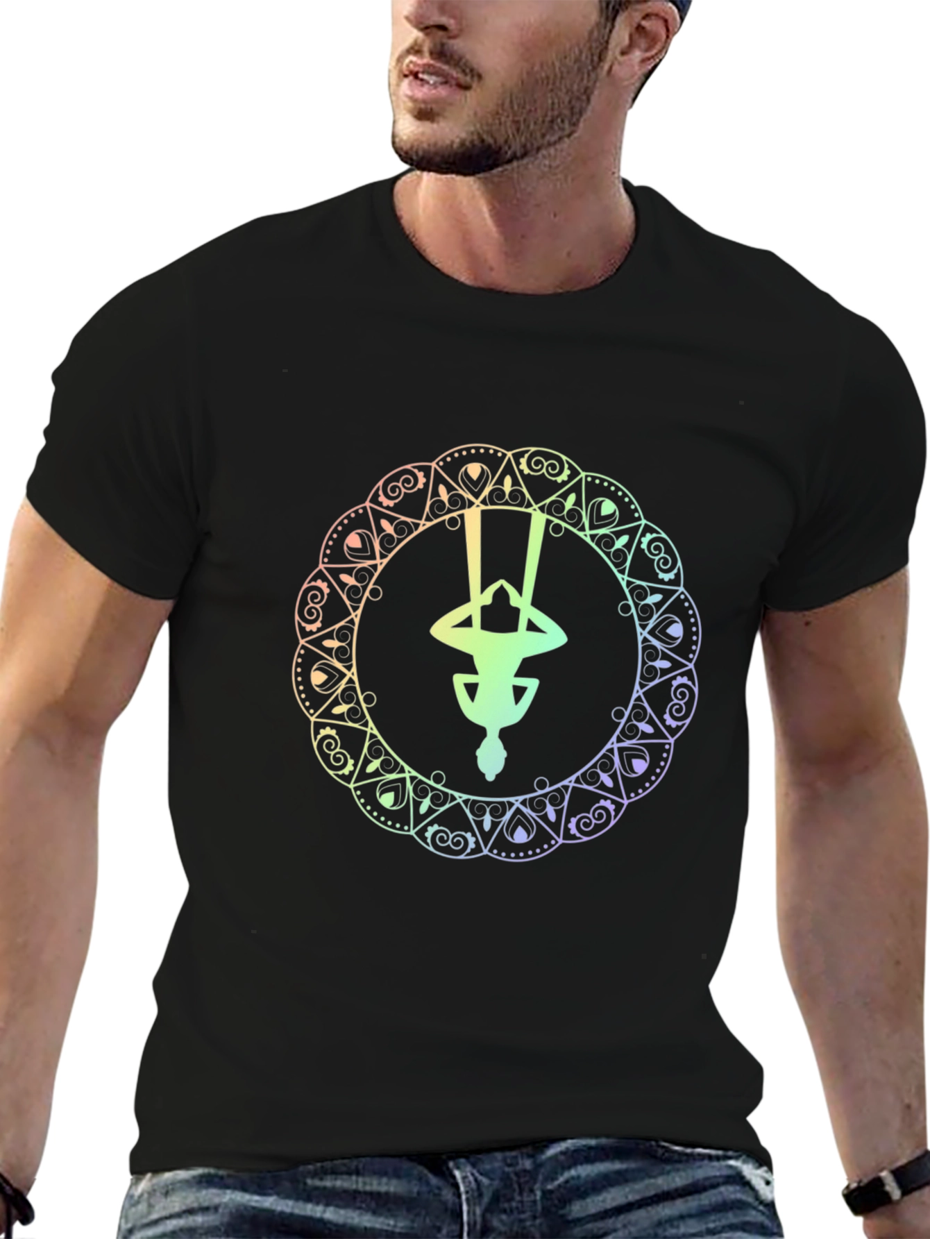 Black Yoga Mandala Graphic Tee - Black Cotton T-Shirt view 6