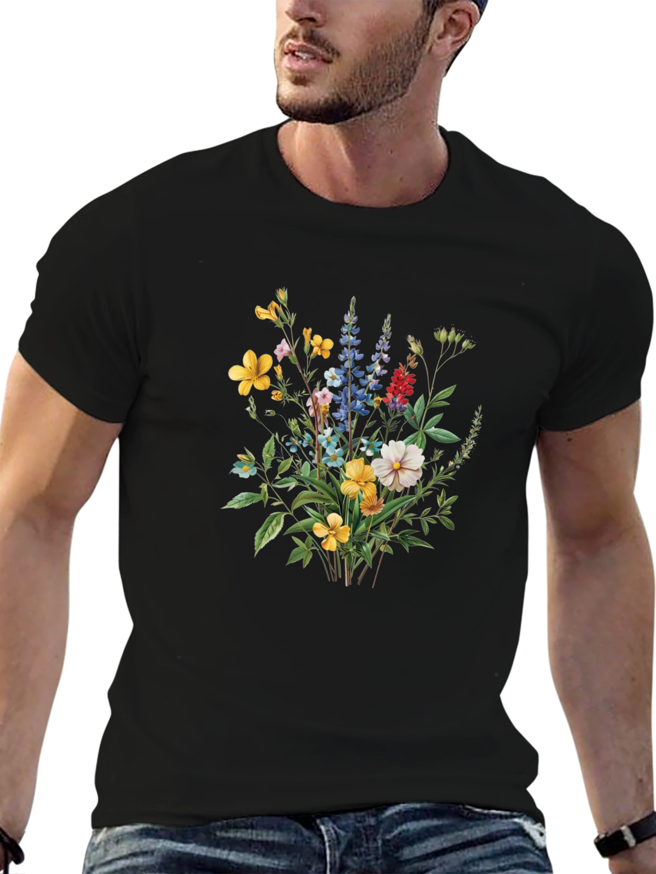 Black Floral Bouquet Print Black T-Shirt view 6