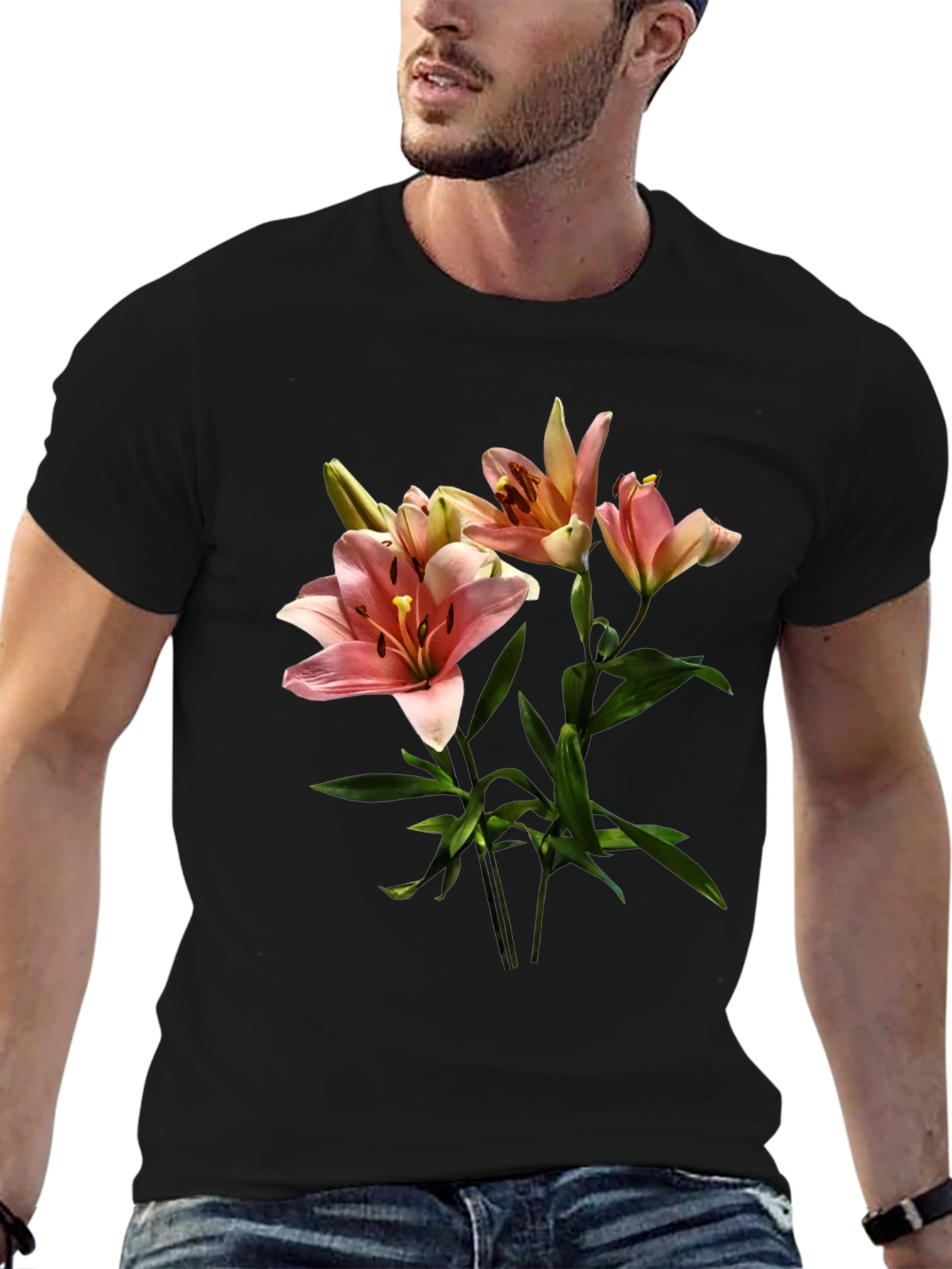 Black Floral Lily Print Black T-Shirt view 6