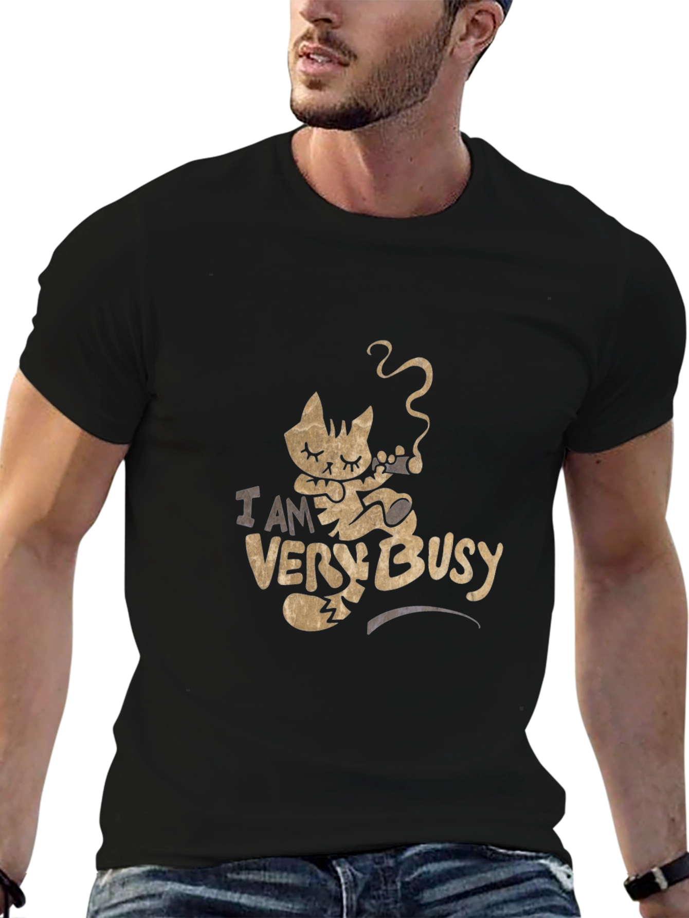 Black I Am Very Busy Cat T-Shirt - Relaxed & Stylish view 6