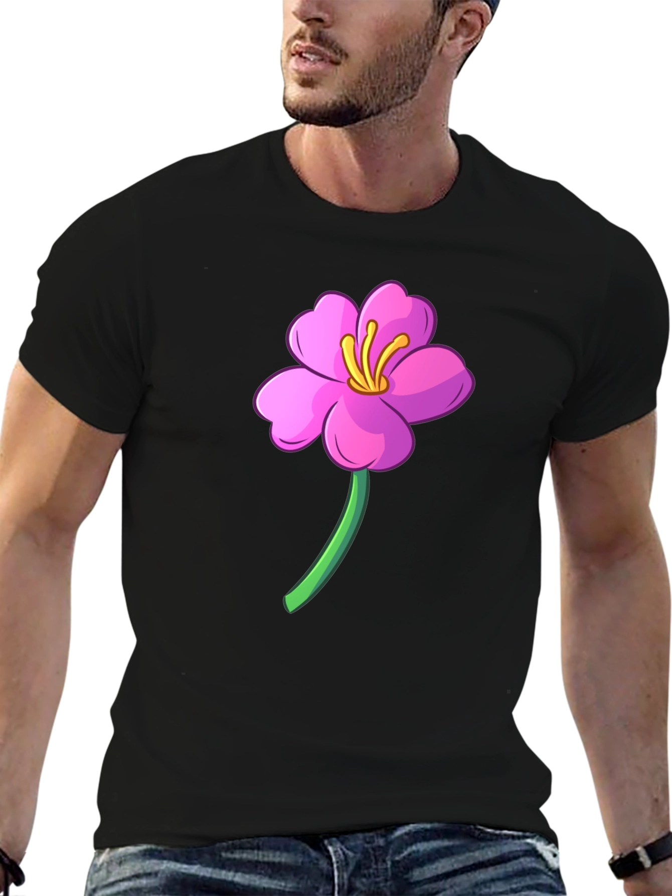 Black Pink Flower Graphic Black T-Shirt view 6