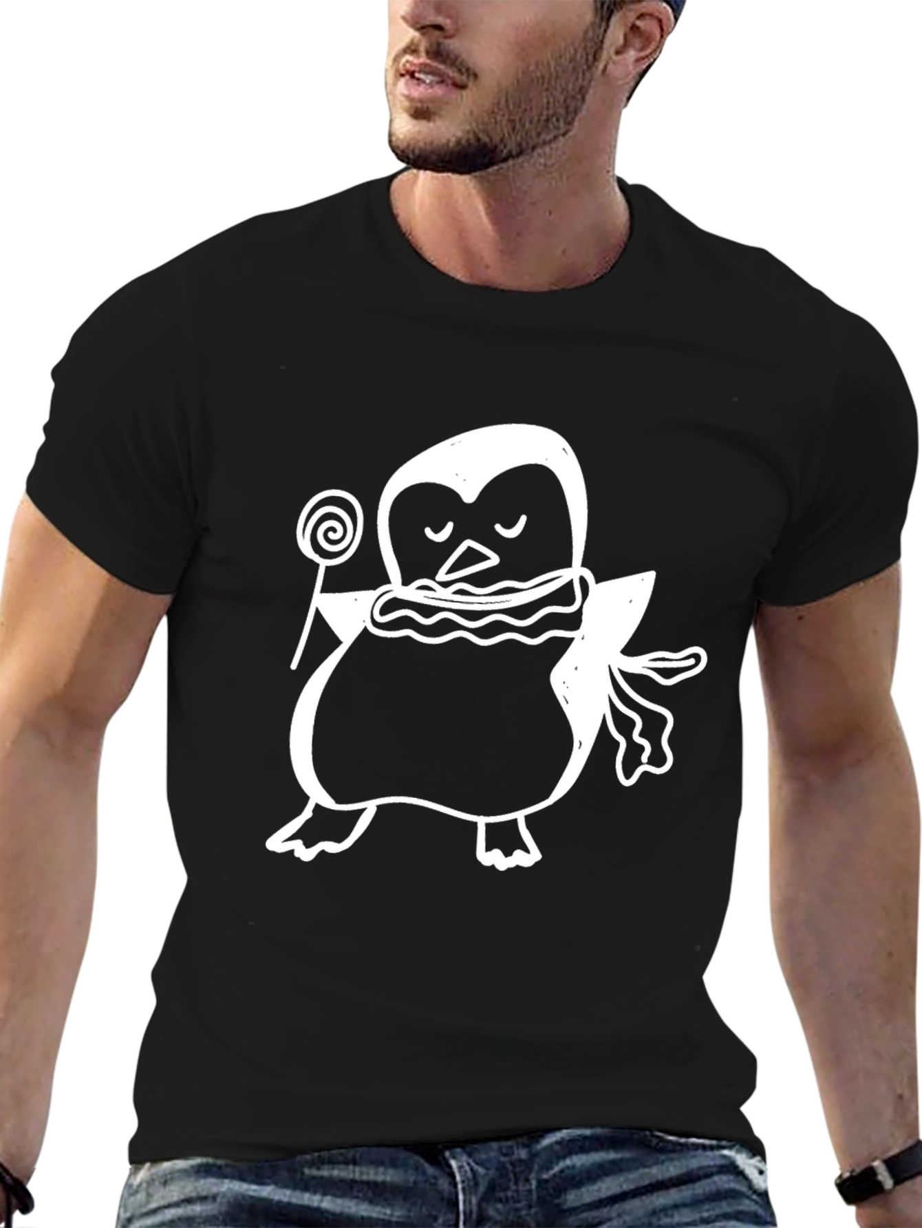 Black Penguin Lollipop Black T-Shirt - Cute Animal Tee view 6