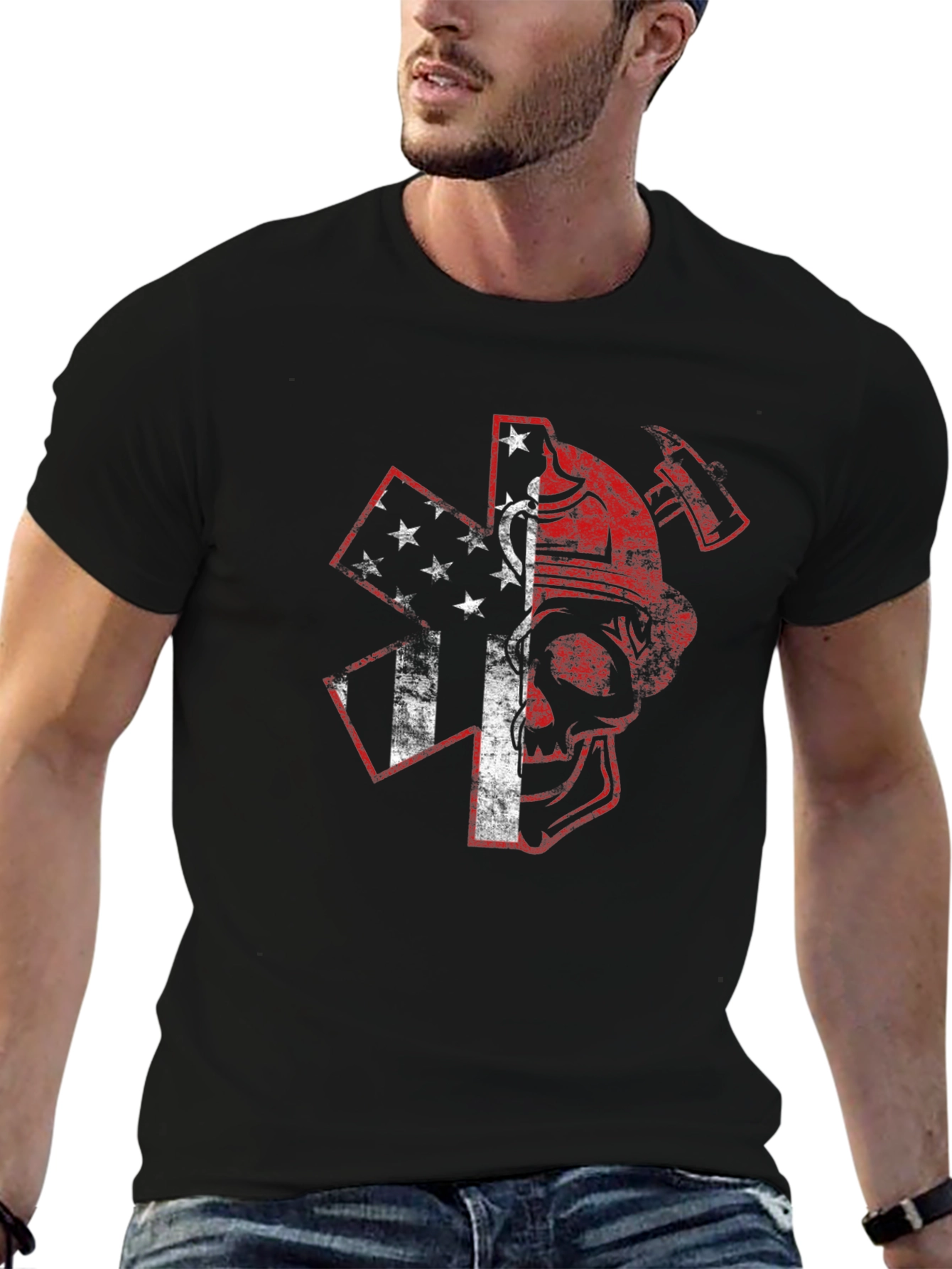 Black American Firefighter Skull Graphic T-Shirt view 6