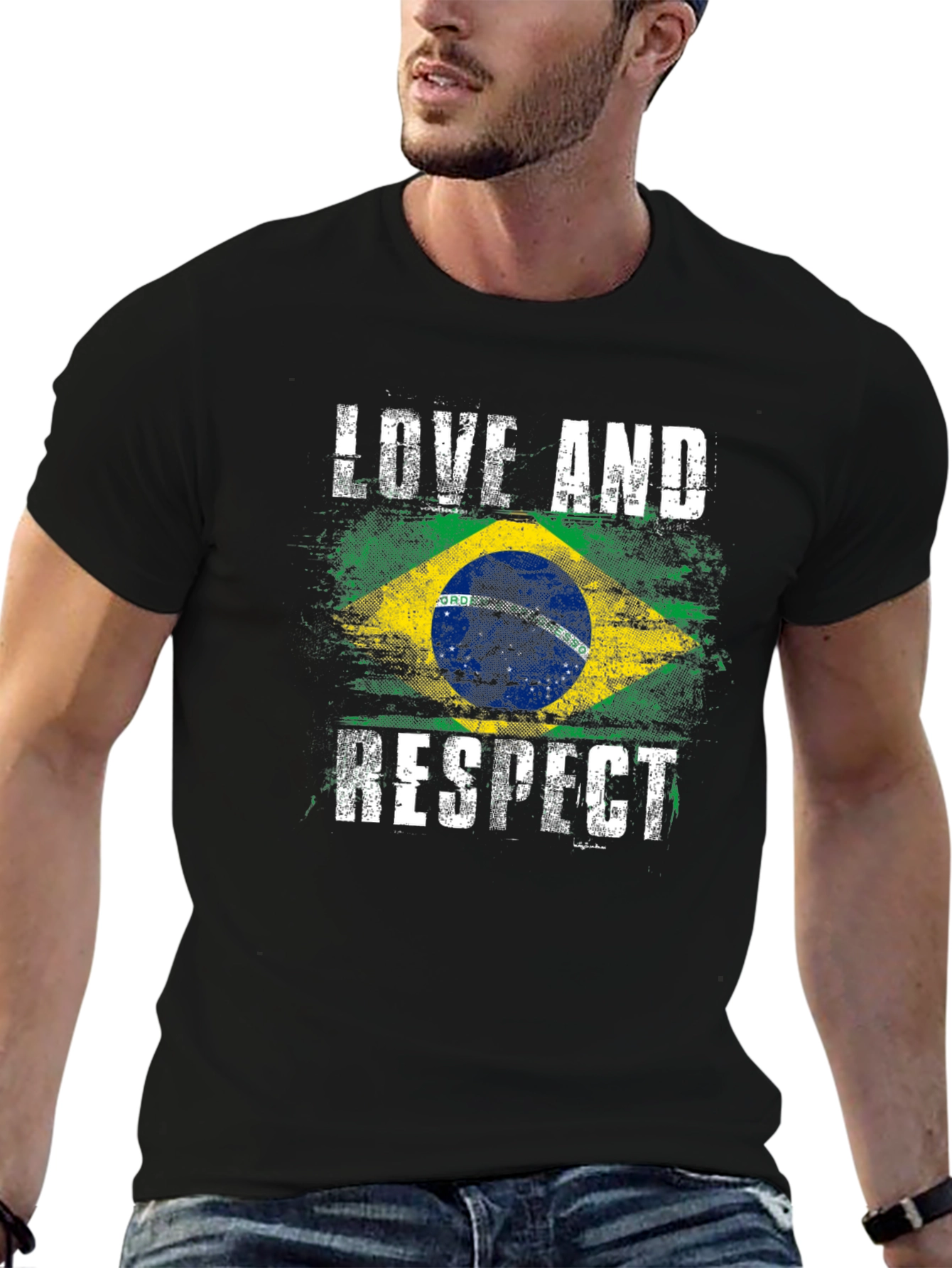 Black Brazil Flag Love and Respect T-Shirt view 6