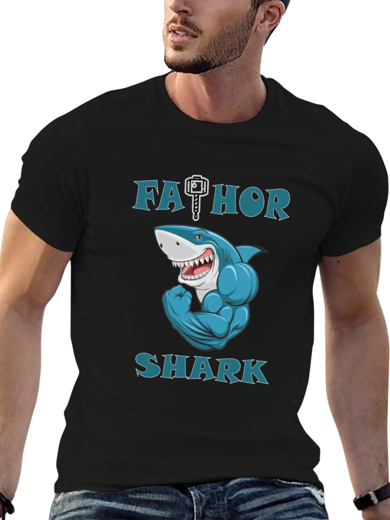 Black Fathor Shark Men's Graphic T-Shirt - Funny Father's Day Tee view 6