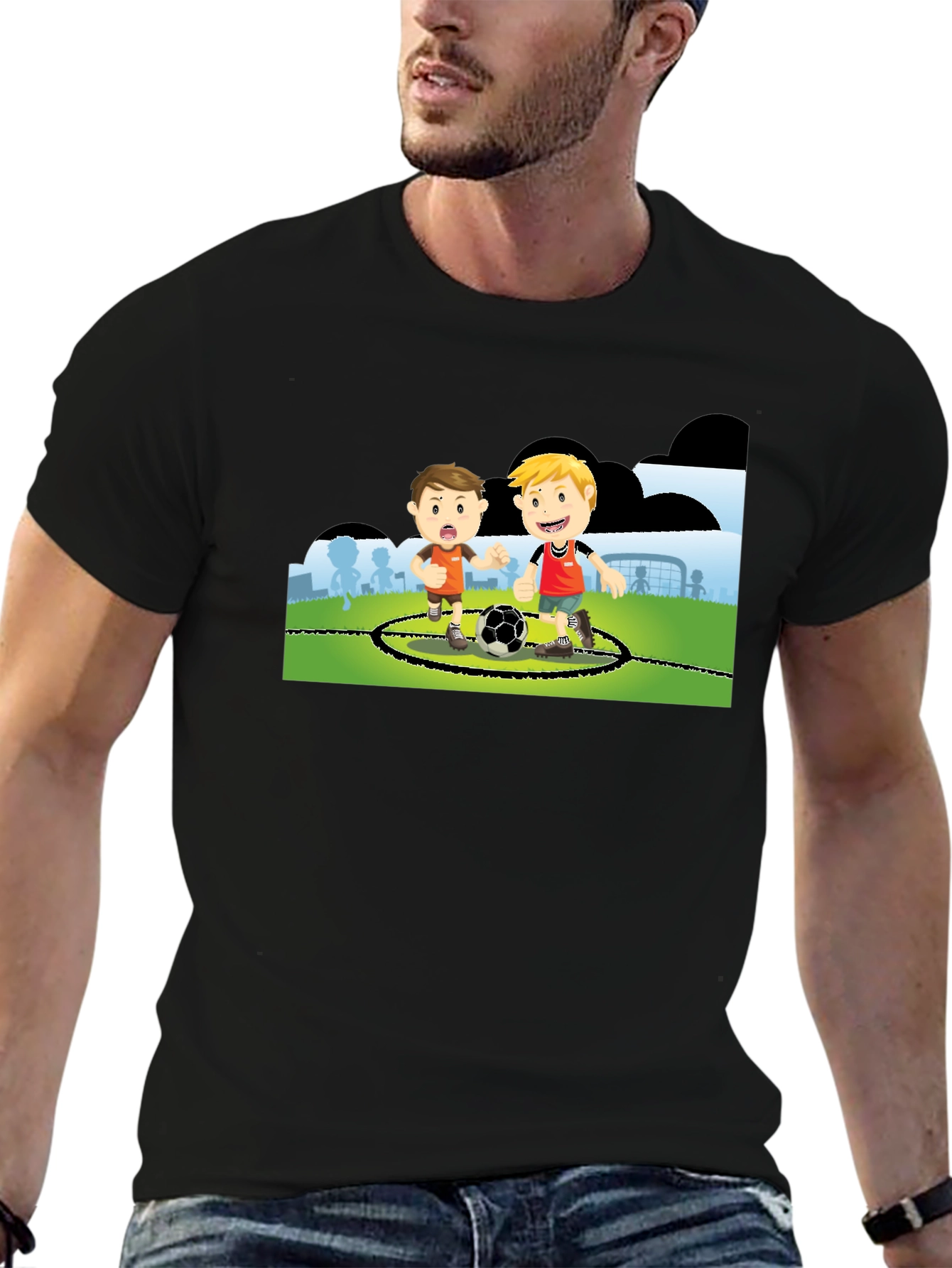 Black Boys Soccer Cartoon Black T-Shirt view 6