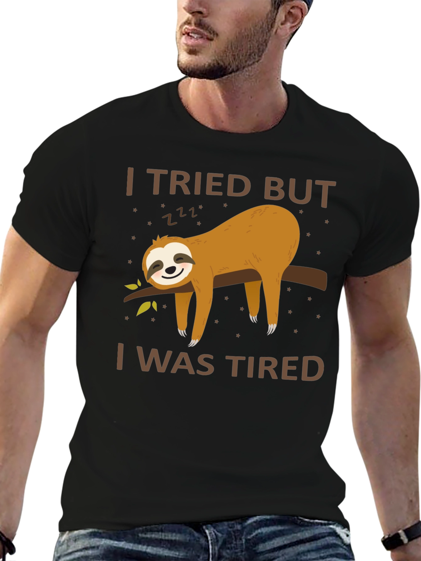 Black I Tried But I Was Tired Sloth T-Shirt view 6